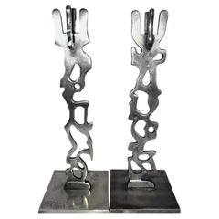 Vintage Robert Stoller Signed Post Modern Pair Brutalist Abstract Aluminum Candleholders