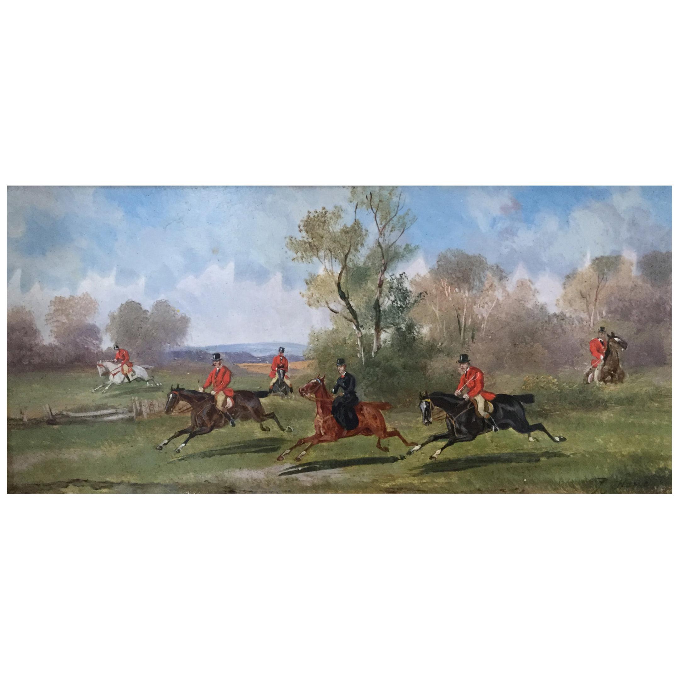 Robert Stone Hunting Scene Oil on Board in Period Frame