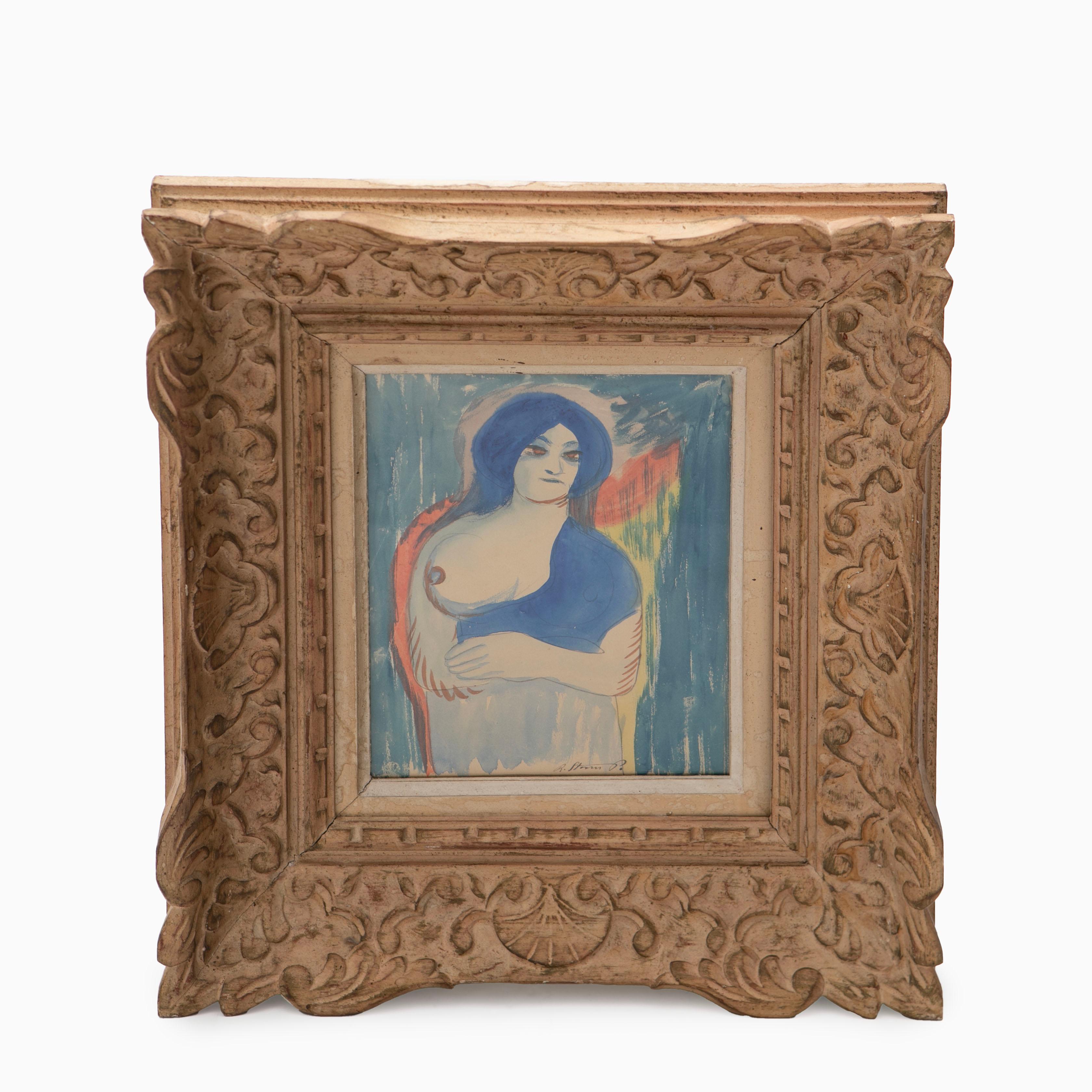 Robert Storm Petersen, Danish 1882-1949
Framed watercolor painting: 'Woman with exposed breast'.
Watercolor on paper. Framed in a contemporary wood-carved Montparnasse frame that compliments the picture well.
Sheet size: (cm): 26x21  Frame (cm):