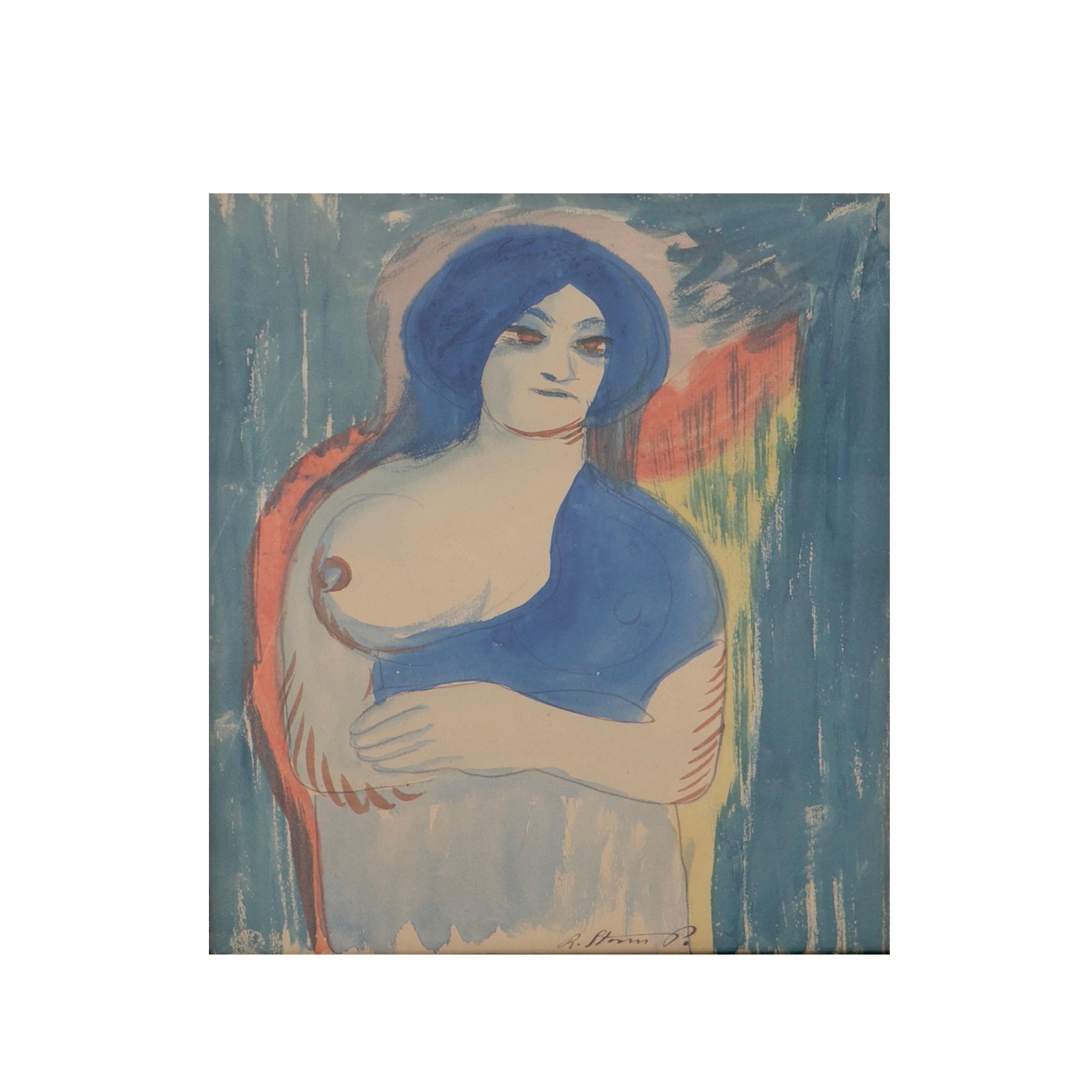 Modern Robert Storm Petersen Framed watercolor painting. 'Woman with exposed breast'. For Sale