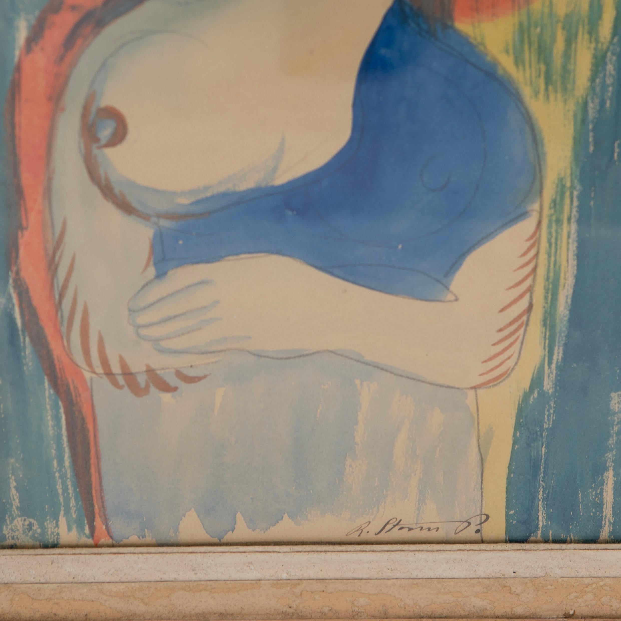 Danish Robert Storm Petersen Framed watercolor painting. 'Woman with exposed breast'. For Sale