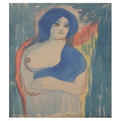 Gerahmtes Aquarellgemälde von Robert Storm Petersen. „Frau mit entblößter Brust“.