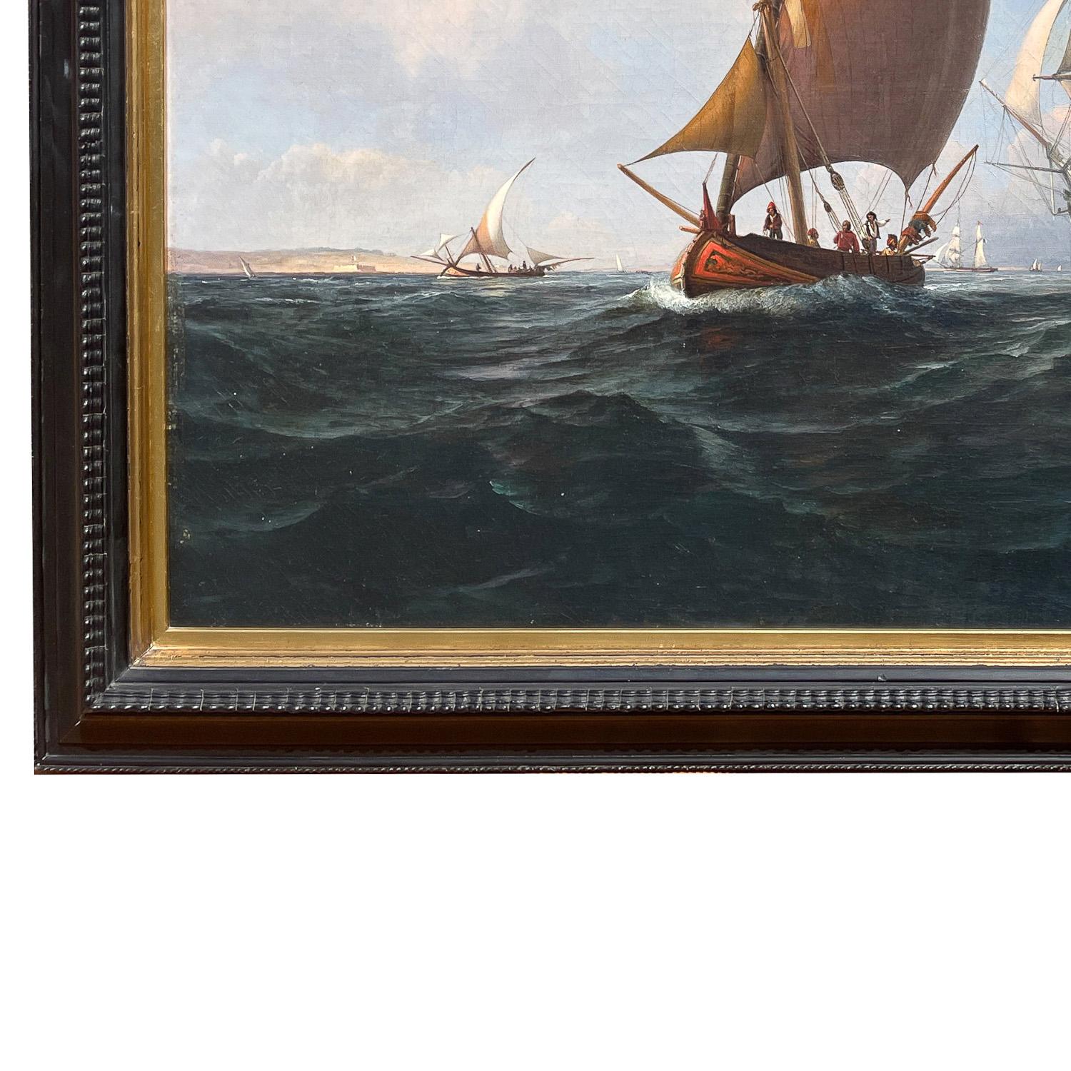 Ancienne peinture à l'huile de marine maritime du 19ème siècle représentant un navire de guerre HMS Britannia 1835 en vente 5