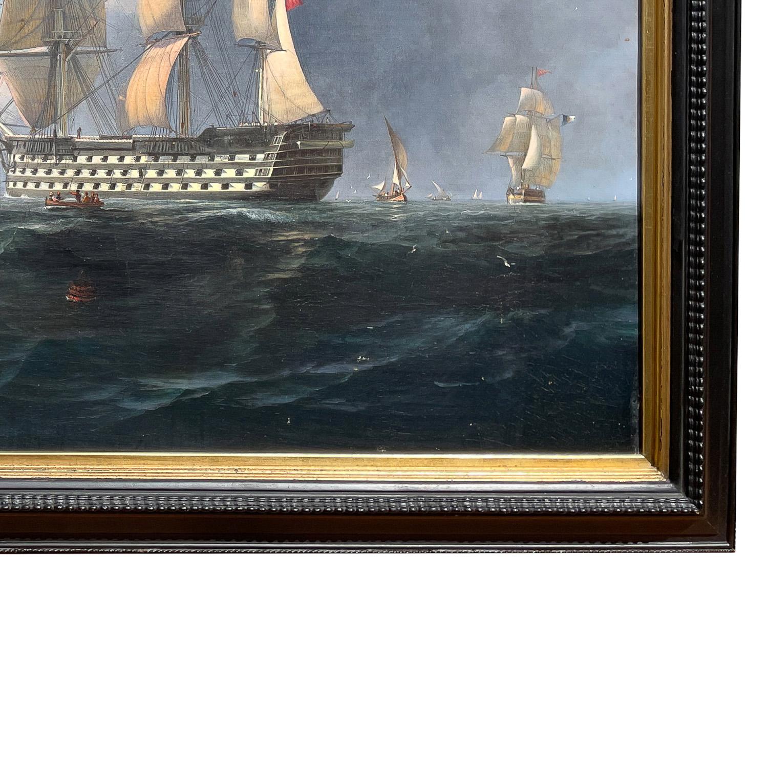 Ancienne peinture à l'huile de marine maritime du 19ème siècle représentant un navire de guerre HMS Britannia 1835 en vente 6
