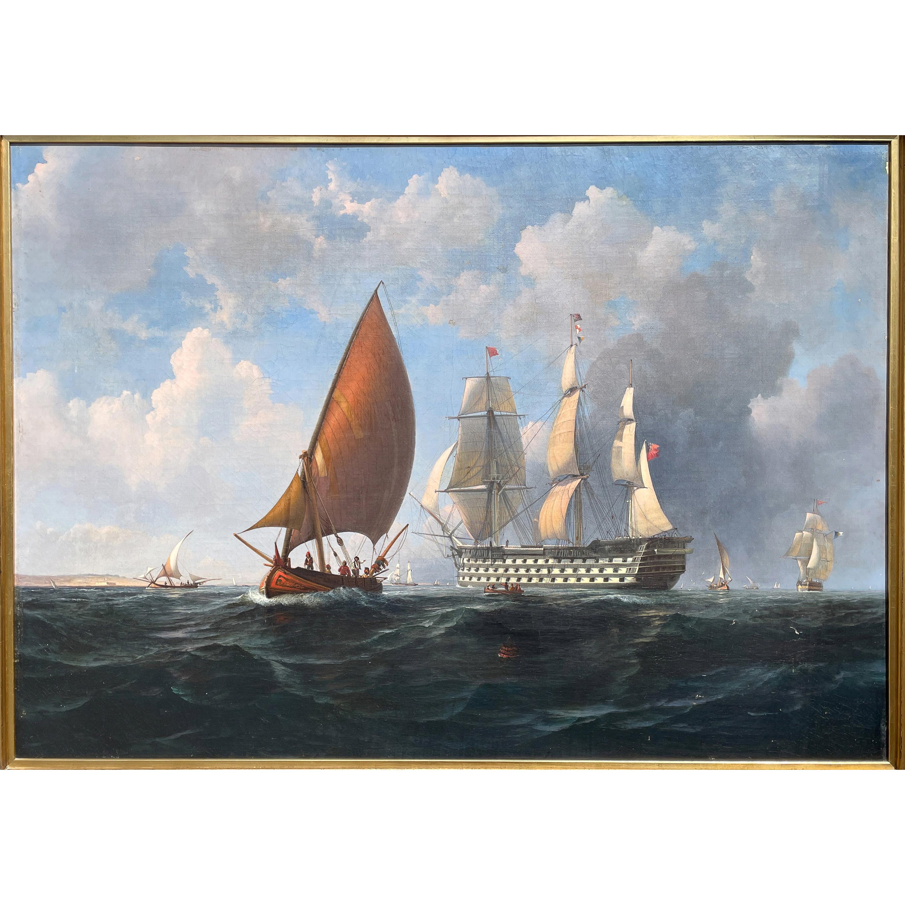 Ancienne peinture à l'huile de marine maritime du 19ème siècle représentant un navire de guerre HMS Britannia 1835 - Painting de Robert Strickland Thomas
