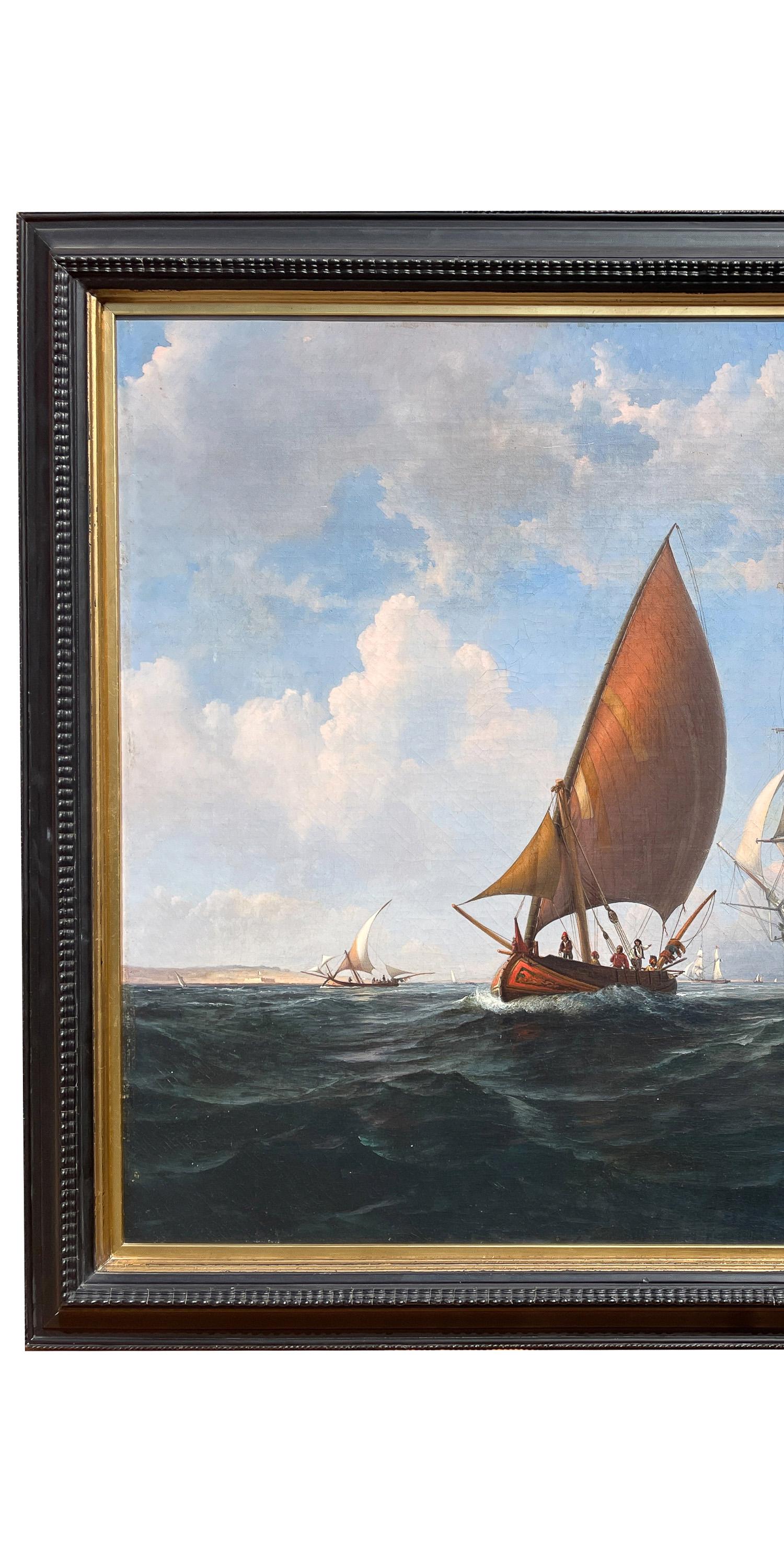 Ancienne peinture à l'huile de marine maritime du 19ème siècle représentant un navire de guerre HMS Britannia 1835 - École anglaise Painting par Robert Strickland Thomas