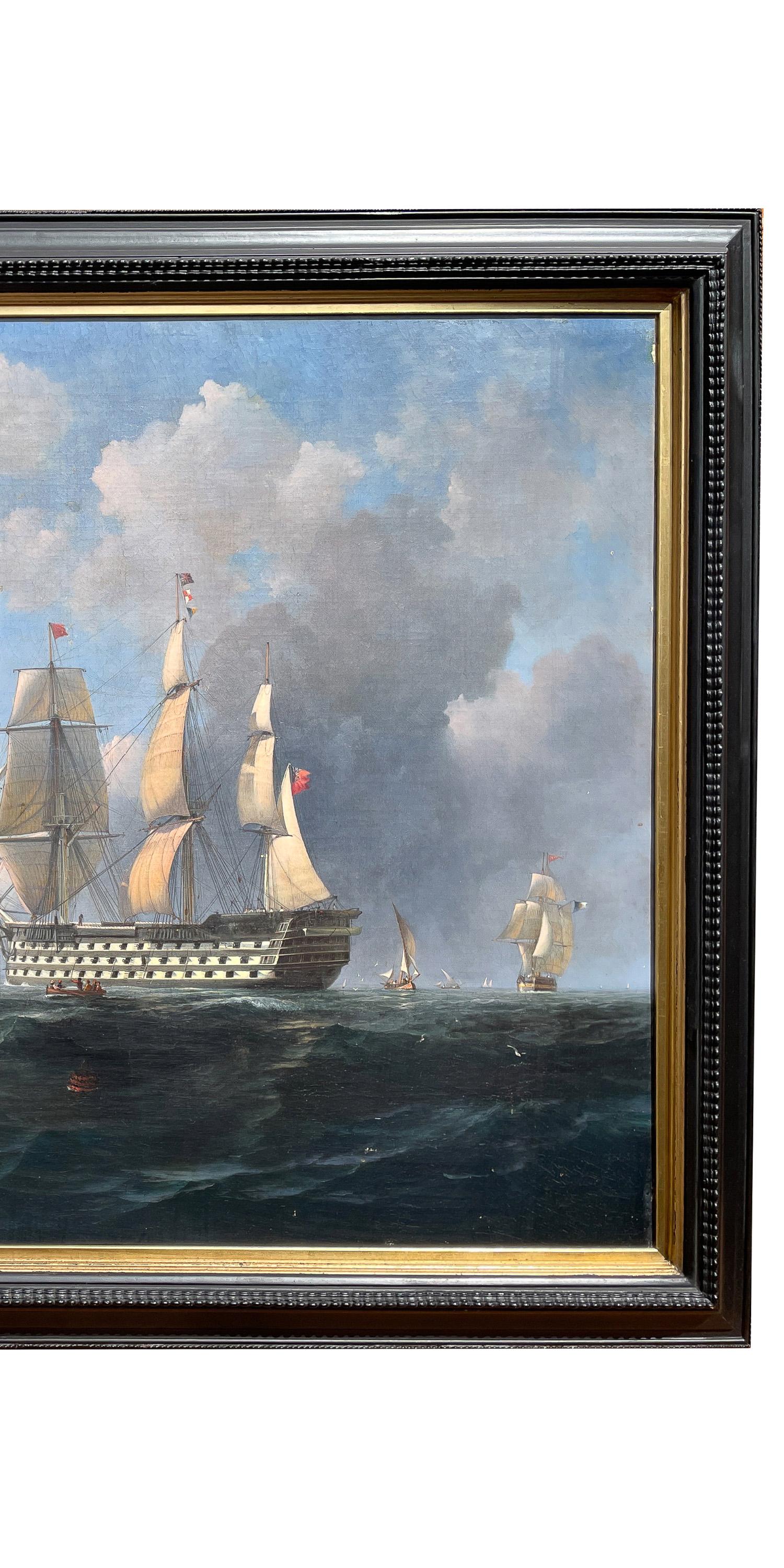 Ancienne peinture à l'huile de marine maritime du 19ème siècle représentant un navire de guerre HMS Britannia 1835 - Gris Landscape Painting par Robert Strickland Thomas