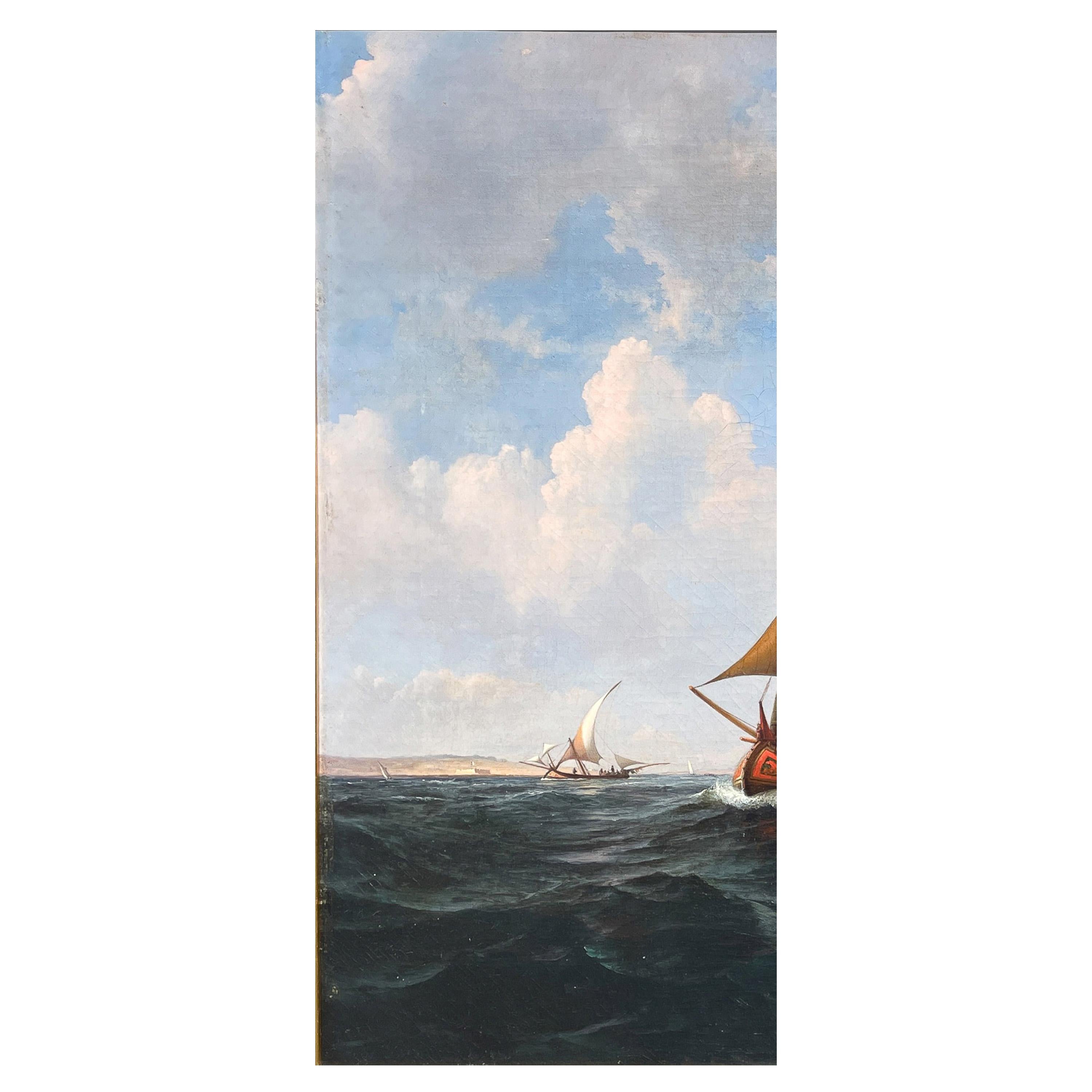 Une belle et grande peinture à l'huile maritime ancienne du navire de guerre HMS Britannia, par Robert Strickland Thomas (1787-1853), la peinture vers 1835.
La peinture représente le HMS Britannia au large de plusieurs autres navires de guerre de la
