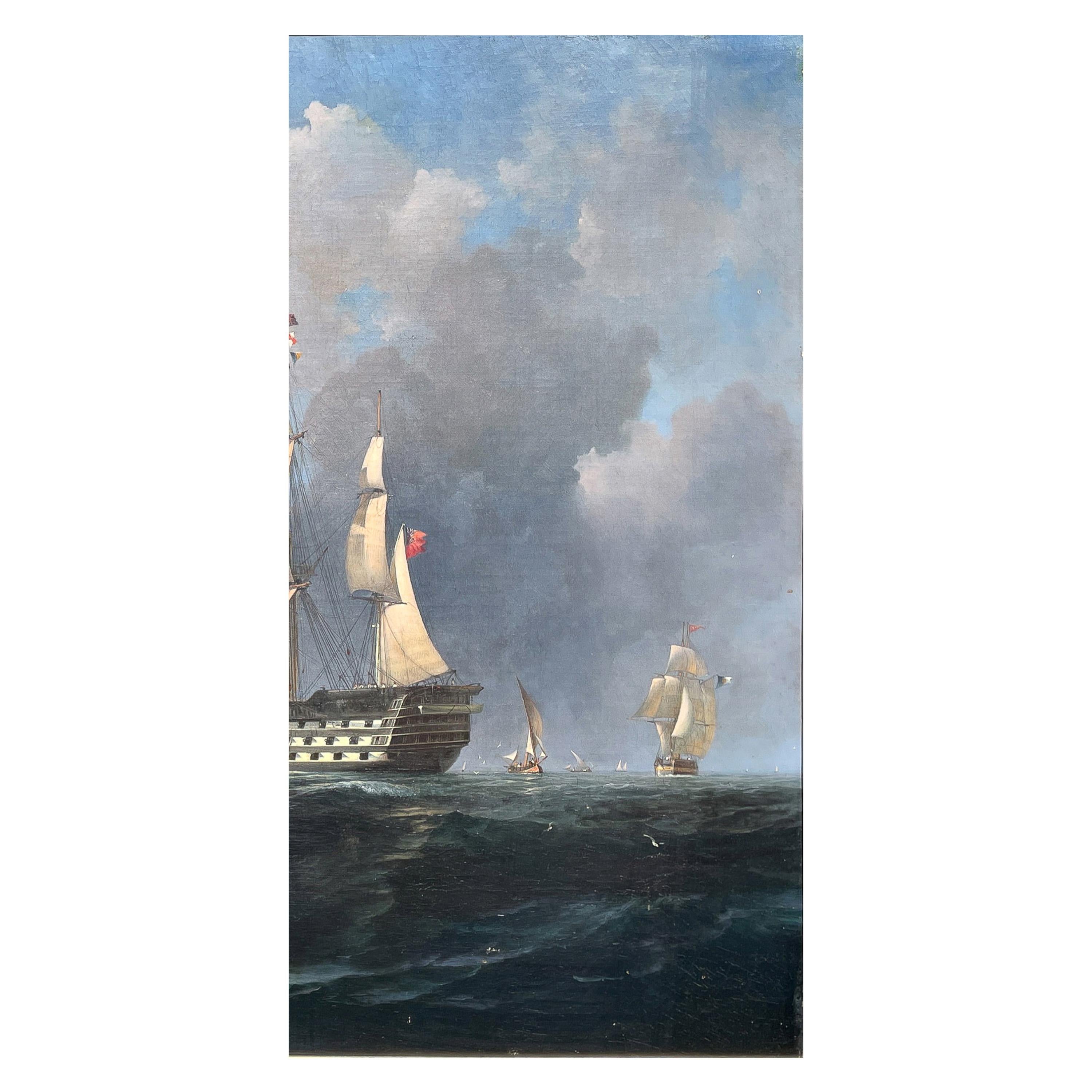 Ancienne peinture à l'huile de marine maritime du 19ème siècle représentant un navire de guerre HMS Britannia 1835 en vente 2