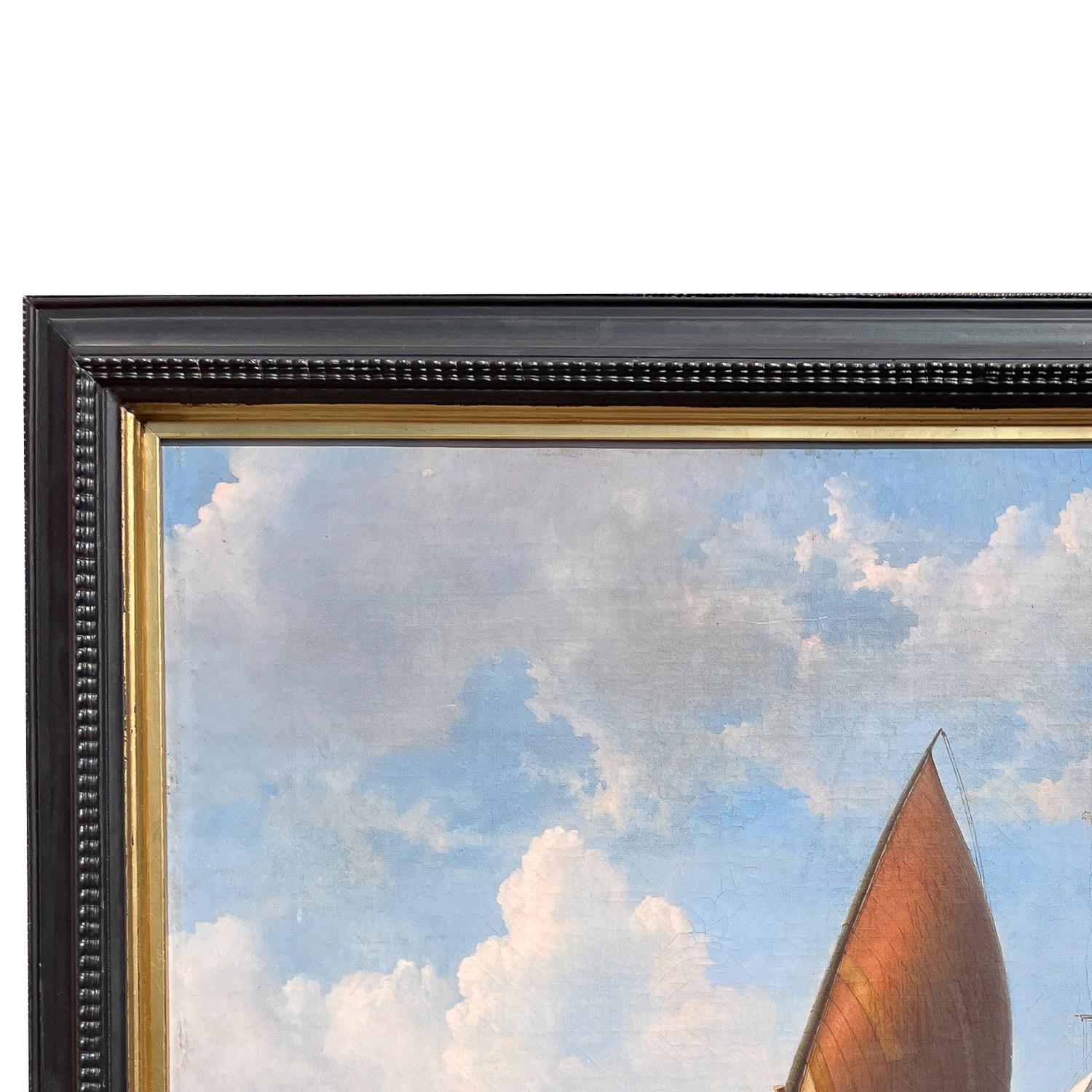 Ancienne peinture à l'huile de marine maritime du 19ème siècle représentant un navire de guerre HMS Britannia 1835 en vente 3