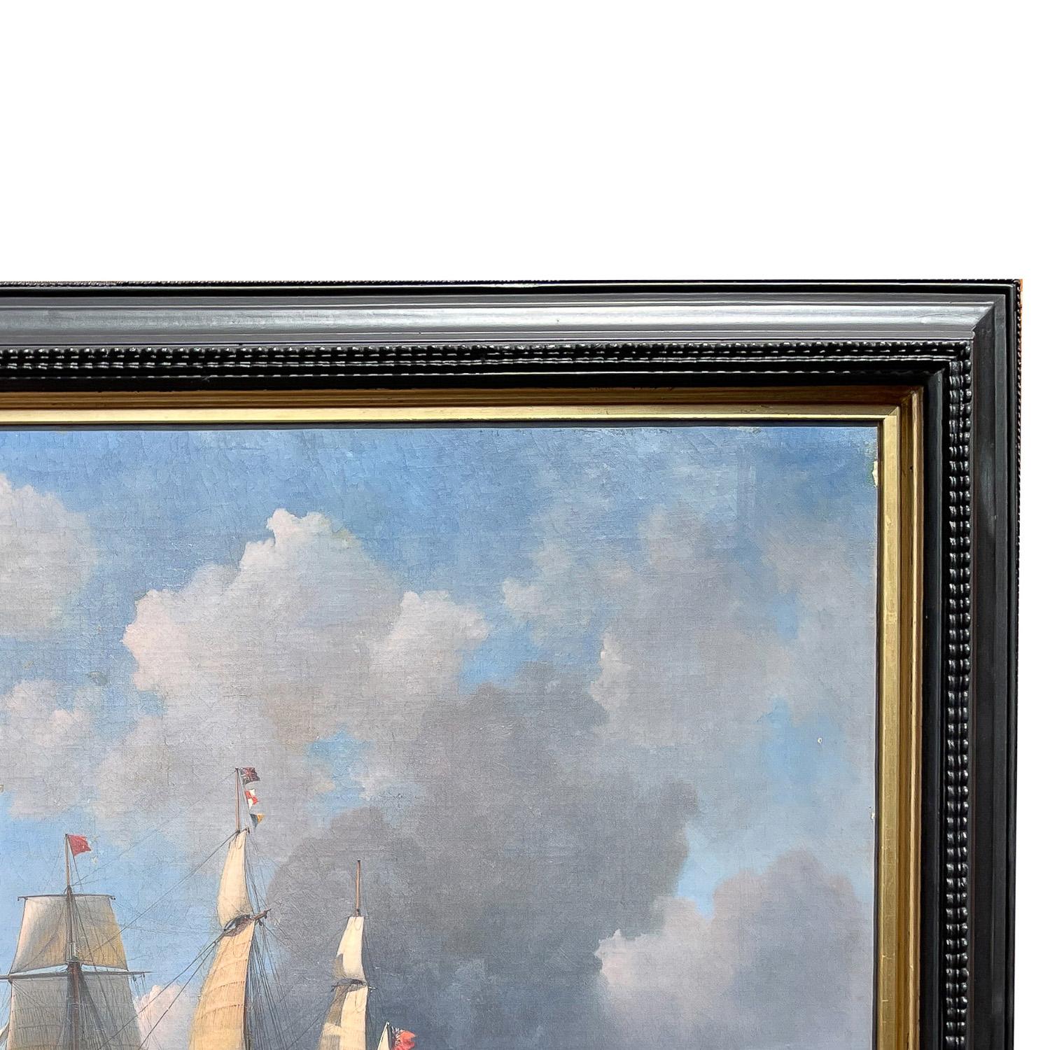 Ancienne peinture à l'huile de marine maritime du 19ème siècle représentant un navire de guerre HMS Britannia 1835 en vente 4