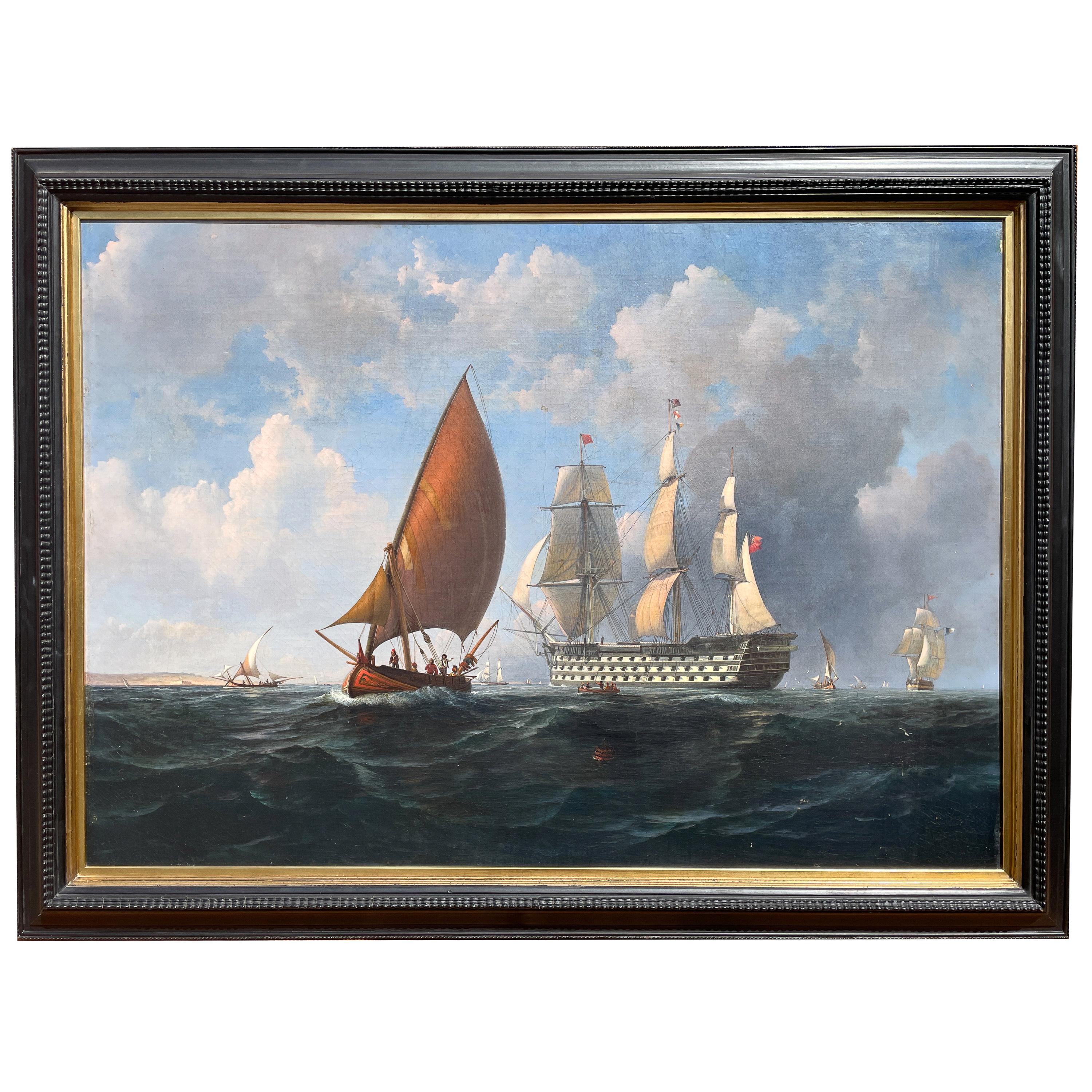 Antico paesaggio marittimo del XIX secolo, pittura ad olio della nave da guerra HMS Britannia 1835