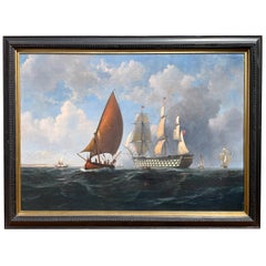 Antico paesaggio marittimo del XIX secolo, pittura ad olio della nave da guerra HMS Britannia 1835