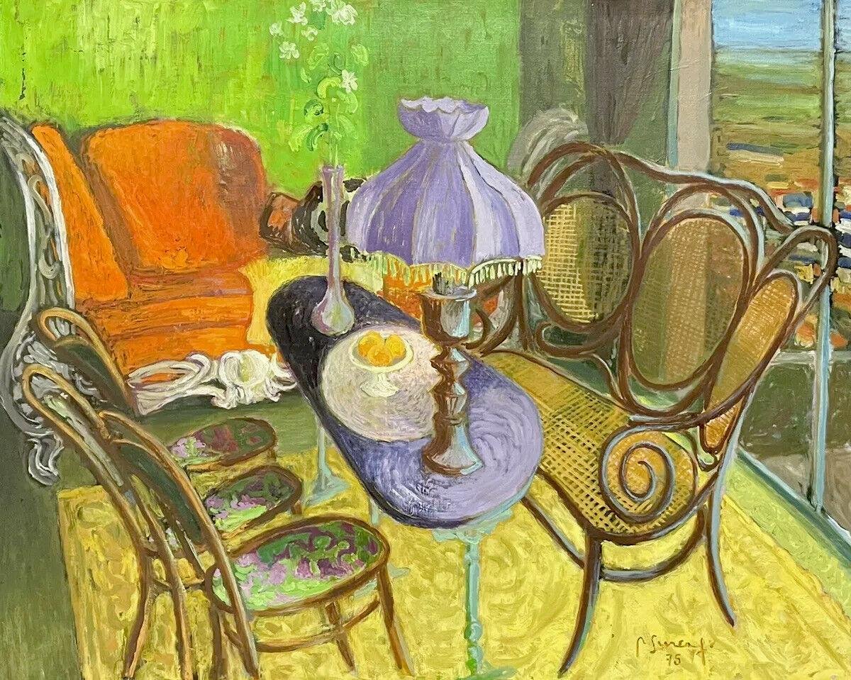 Interior Painting de Robert Surcouf - Robert SURCOUF (1915-2012) Enorme óleo modernista francés firmado - Escena interior