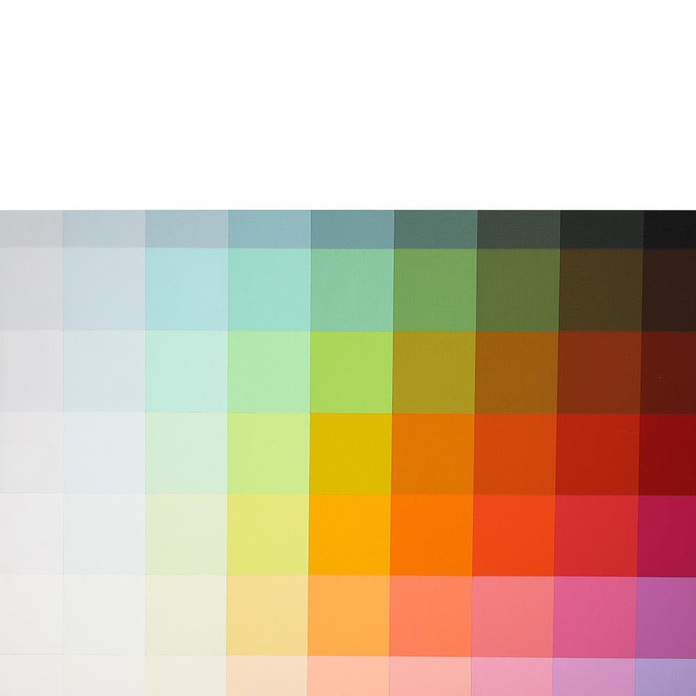 Pintura de Robert Swain, Abstracto, Acrílico sobre lienzo, Rosa, Azul, Verde, Firmado. Pintura de cuadrícula óptica a escala media en un espectro de colores del artista de Manhattan, Robert Swain. El Sr. Swain confirmó (por correo electrónico) que