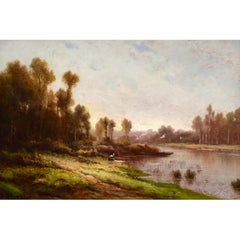 River Landscape With Washerwoman, 19th-Century French Oil Painting