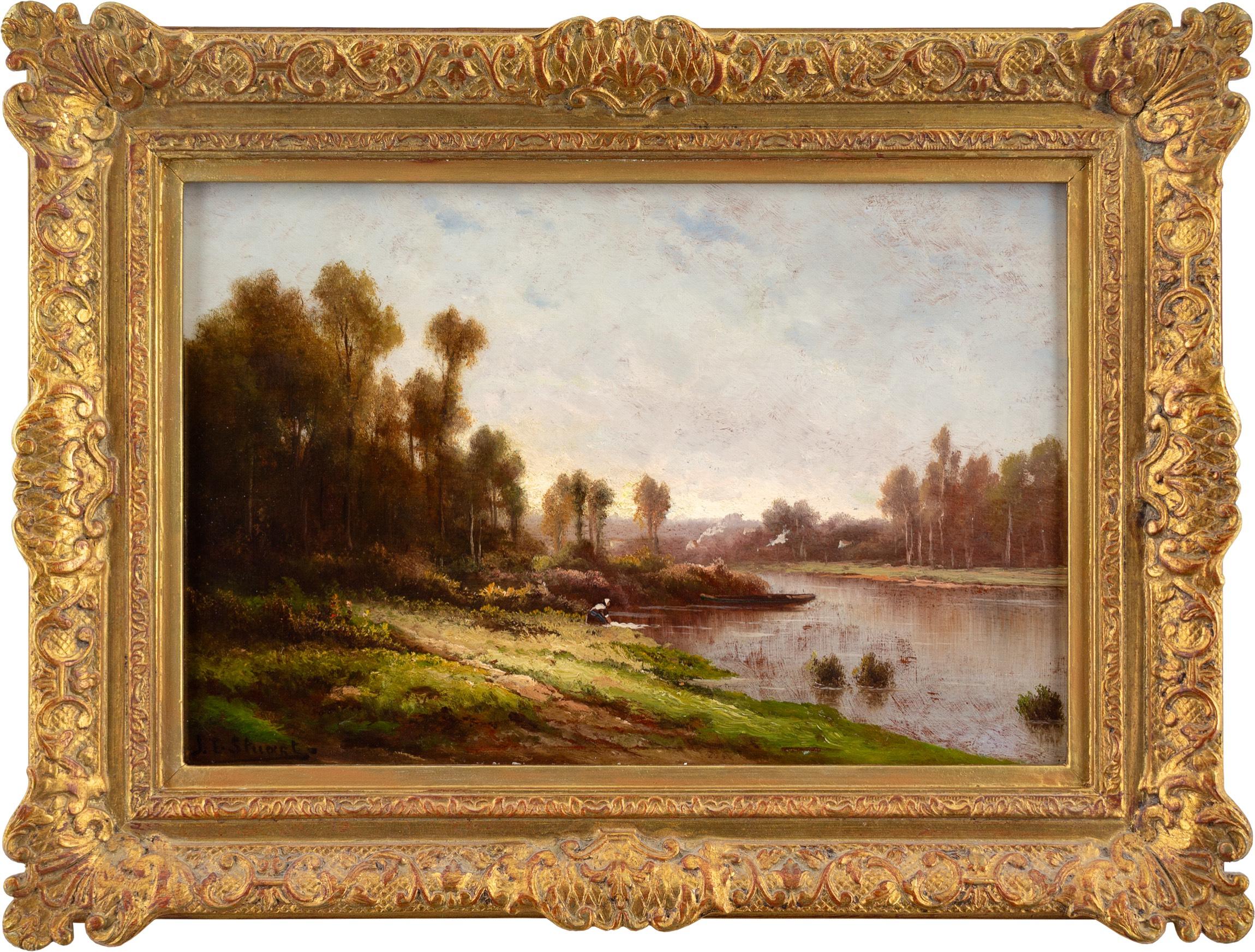 River Landscape With Washerwoman, 19th-Century French Oil Painting