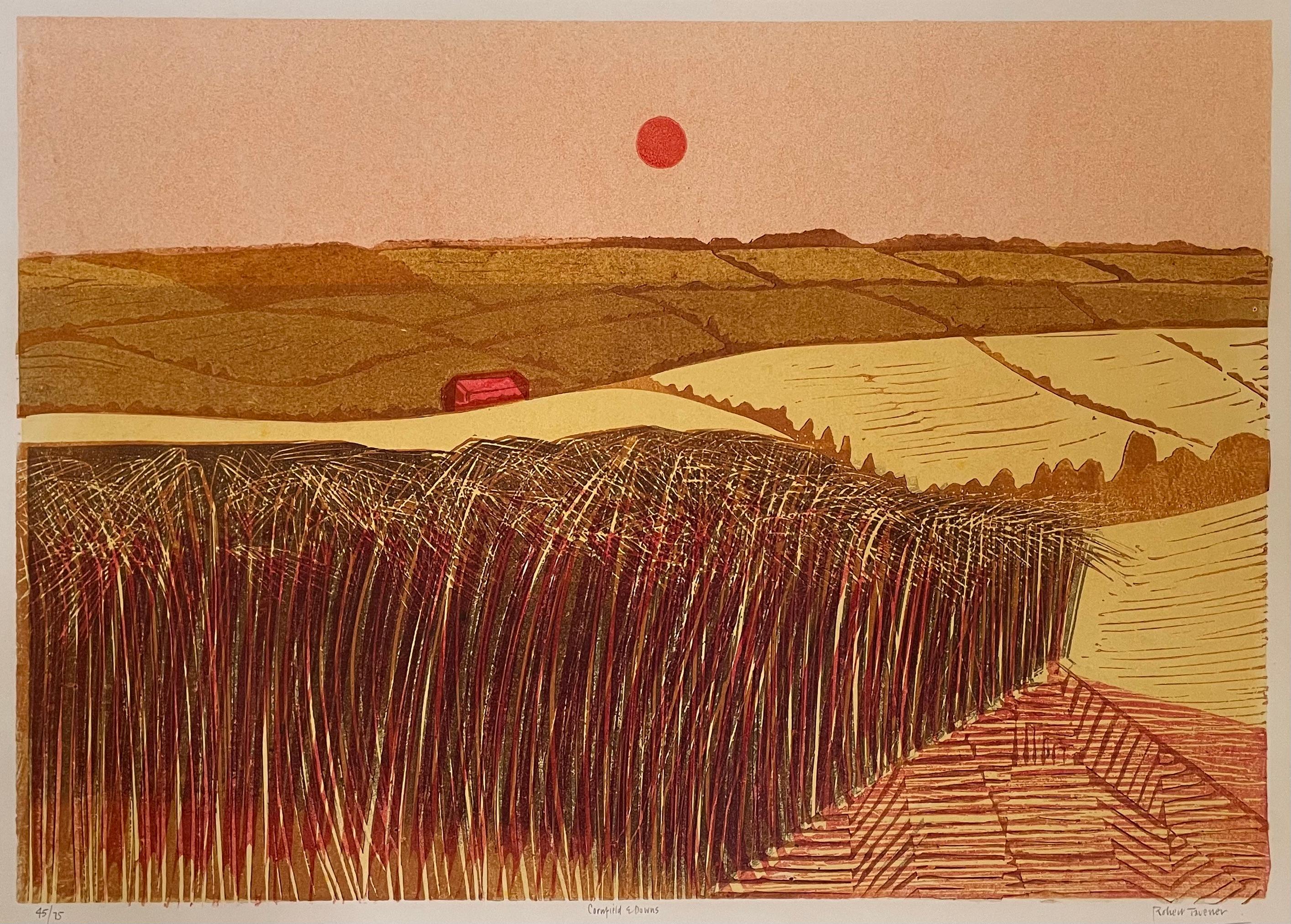 Robert Tavener - Cornfield and Downs - 20th Century British Landscape Linocut For Sale 1