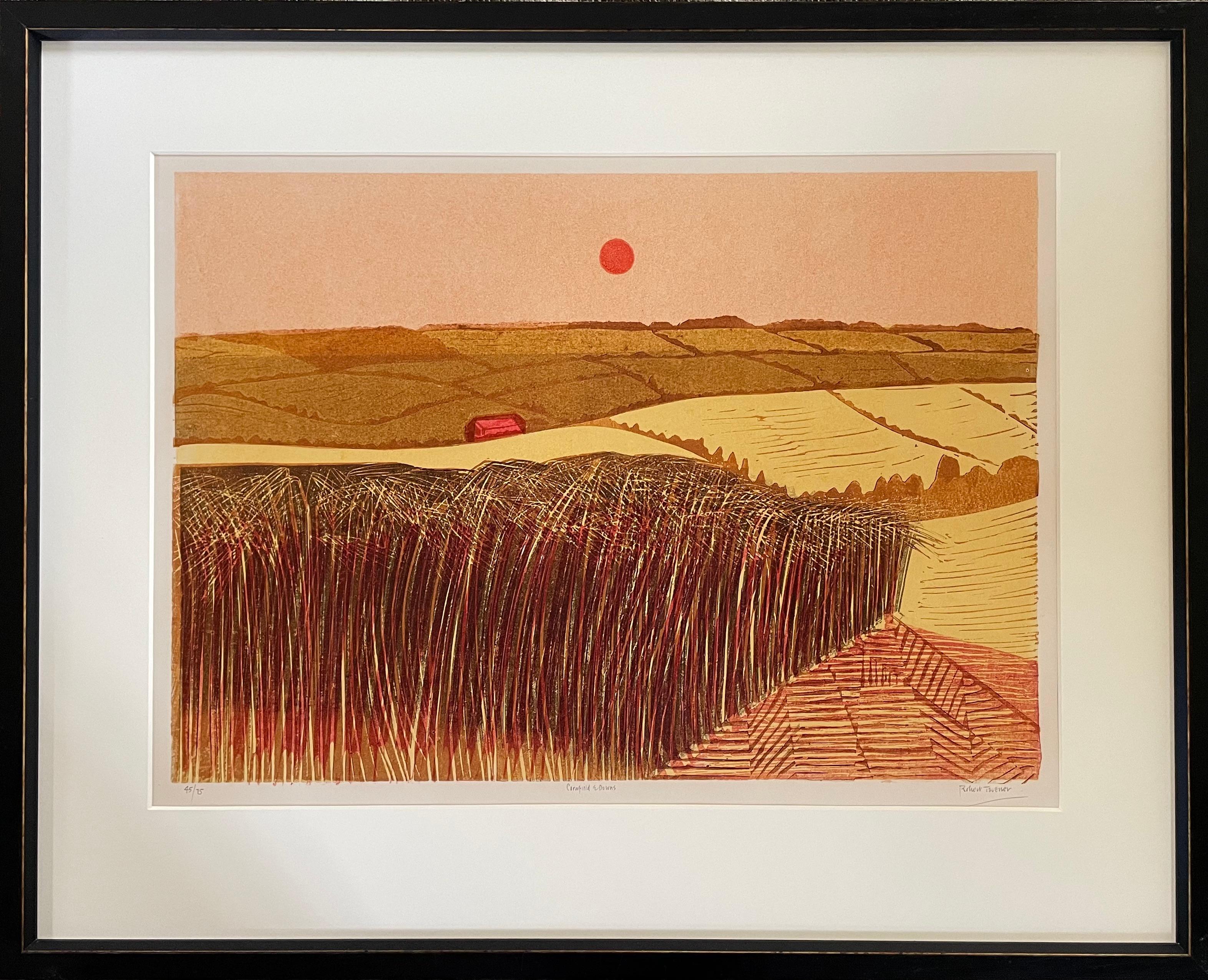 Robert Tavener - Cornfield and Downs - 20th Century British Landscape Linocut