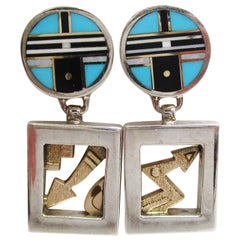 Vintage Robert Taylor II Sterling Silver 14 Karat Yellow Gold Navajo Dangle Earrings