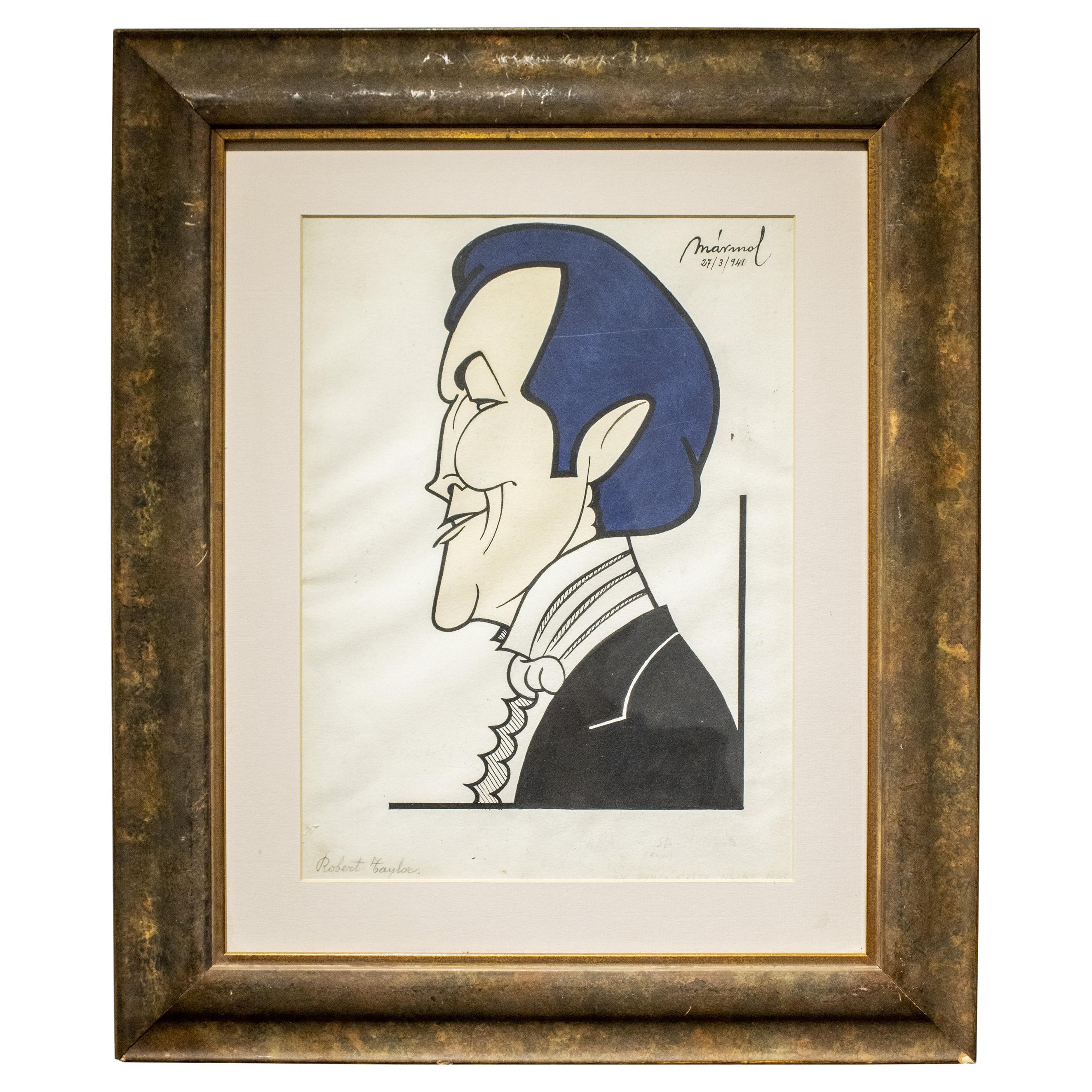 Robert Taylor Original Handrawing Portrait by Mármol, Spain, 1939 For Sale