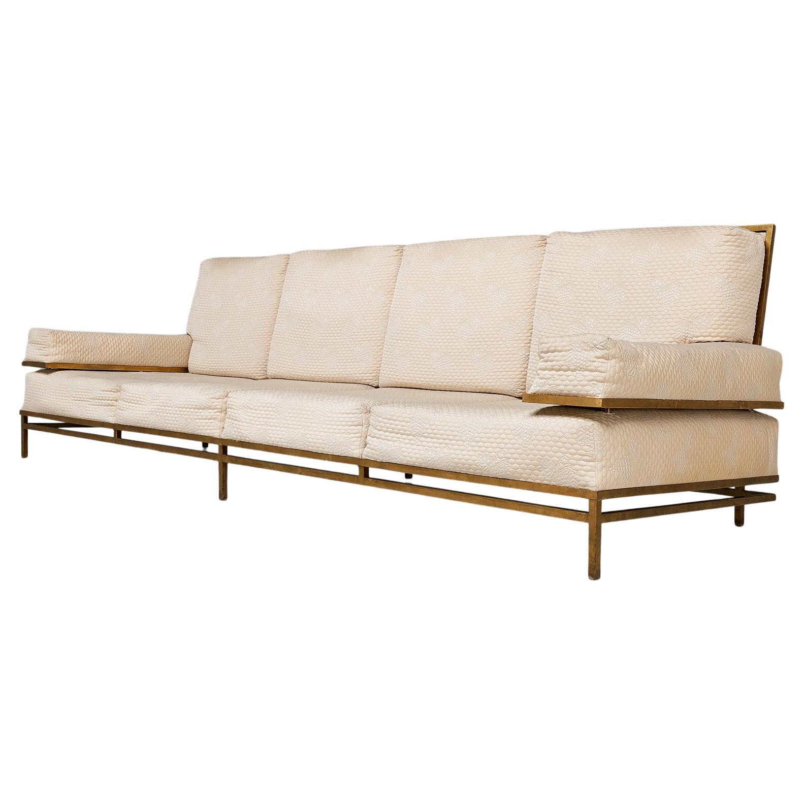 Robert Thibier Four Seat Sofa with Gold Painted Metal Frame For Sale