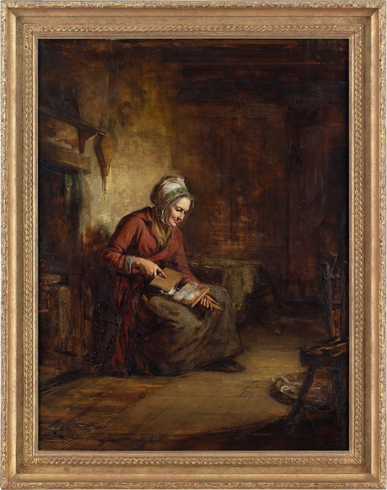 This mid-19th-century oil painting by Scottish artist Robert Thorburn Ross RSA (1816-1876) depicts a seated woman carding wool within a rustic interior.

Robert Thorburn Ross RSA was a distinguished painter of domestic genre scenes. His oeuvre is