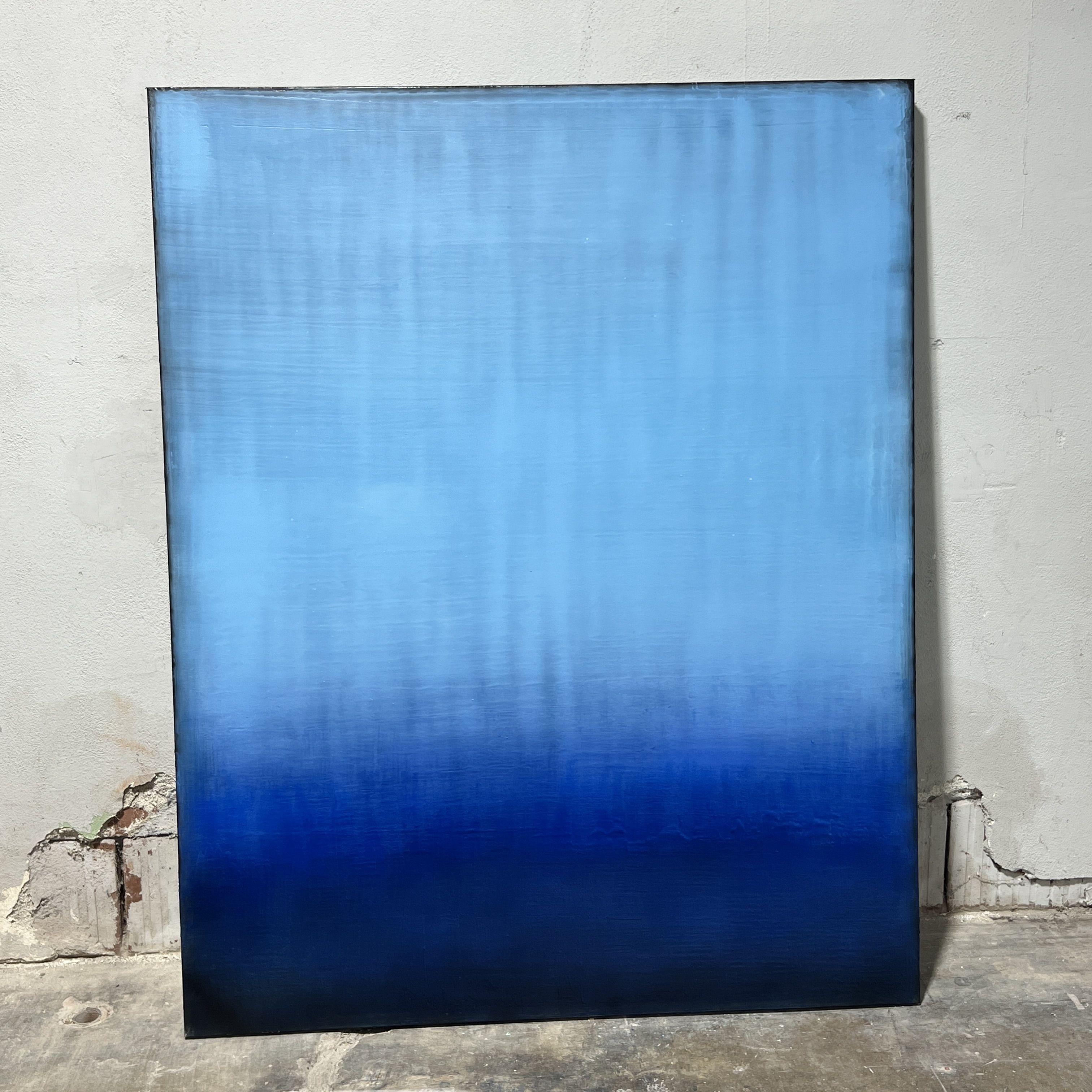 Lourdes couches d'acrylique translucide sur une toile de 48x60 pouces. Livré prêt à être accroché, tendu sur des châssis robustes de 1,5 pouces de profondeur. Les côtés sont peints en noir et signés.    -Original, unique en son genre.  -Application