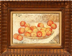 Natura morta puntinista Mele Pittura ad olio americana moderna incorniciata Raro 1959 Tosa