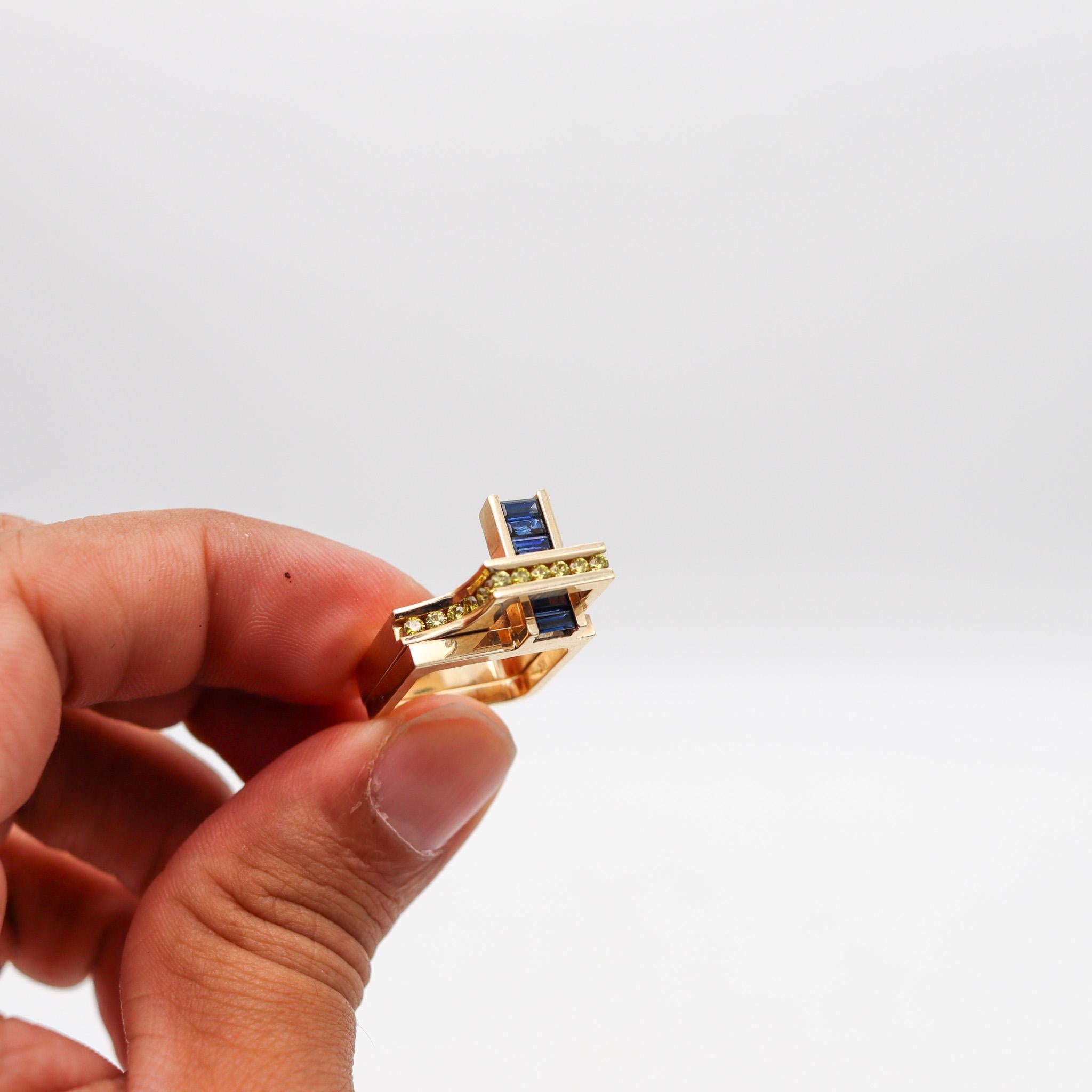 Brilliant Cut Robert Trisko Geometric Rings In 14Kt Gold With 1.77 Ctw Diamonds And Sapphires