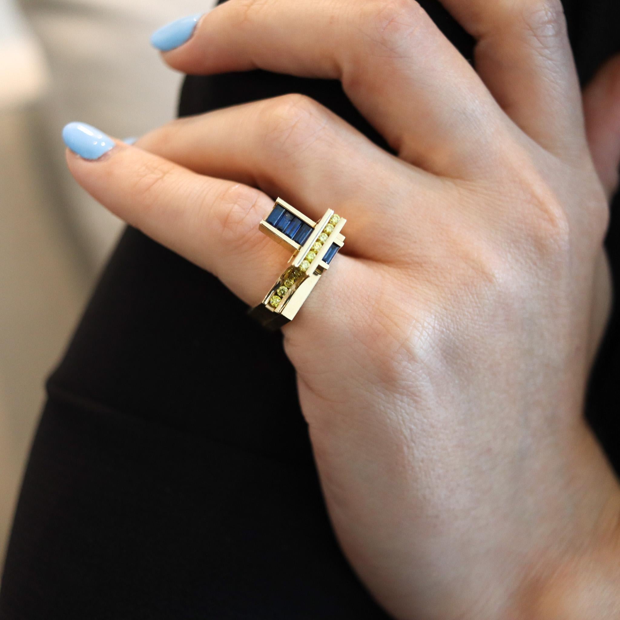 Robert Trisko Geometric Rings In 14Kt Gold With 1.77 Ctw Diamonds And Sapphires In Excellent Condition In Miami, FL