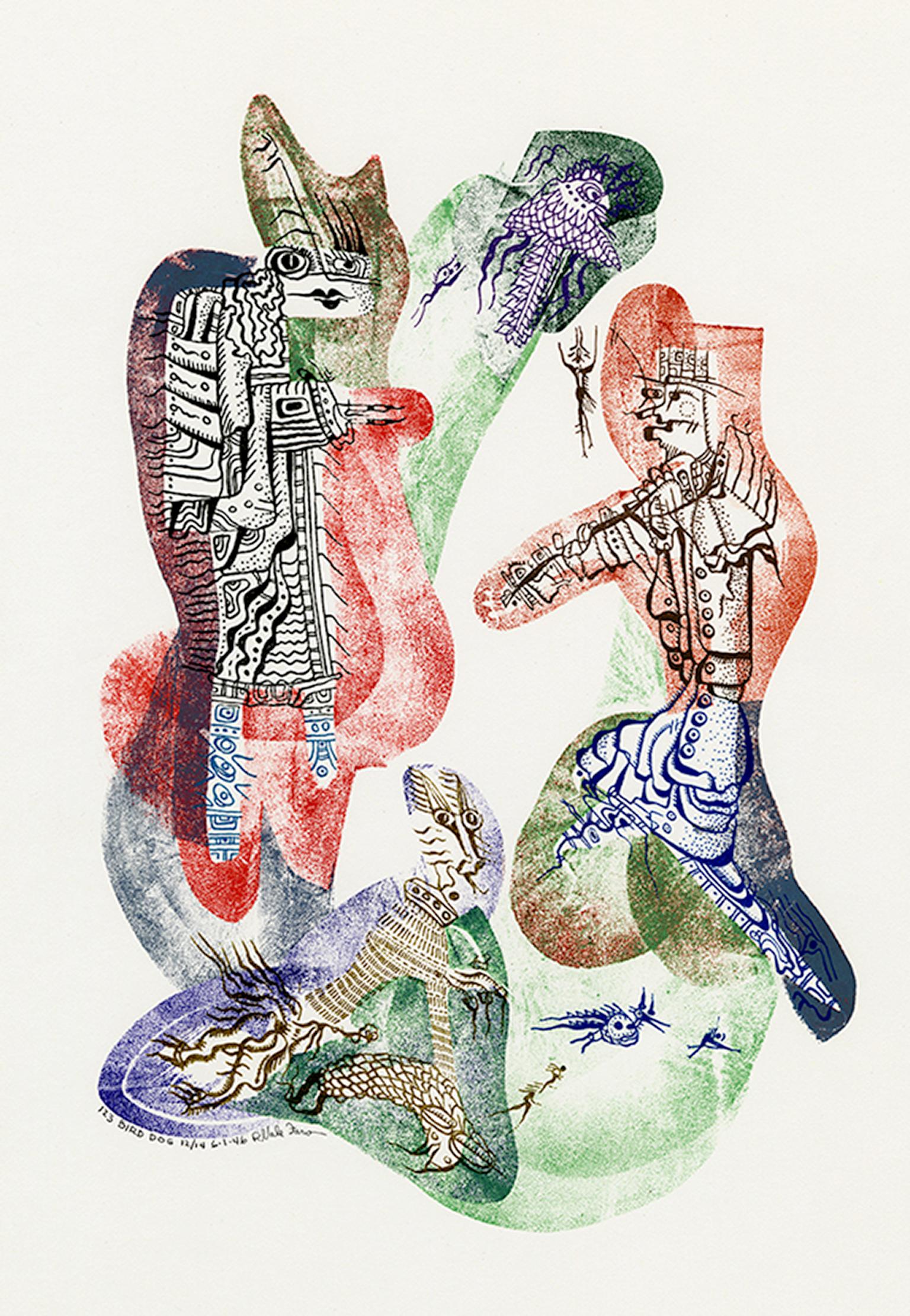 Robert Vale Faro Abstract Print – Bird Dog" - Amerikanischer Surrealismus aus der Mitte des Jahrhunderts