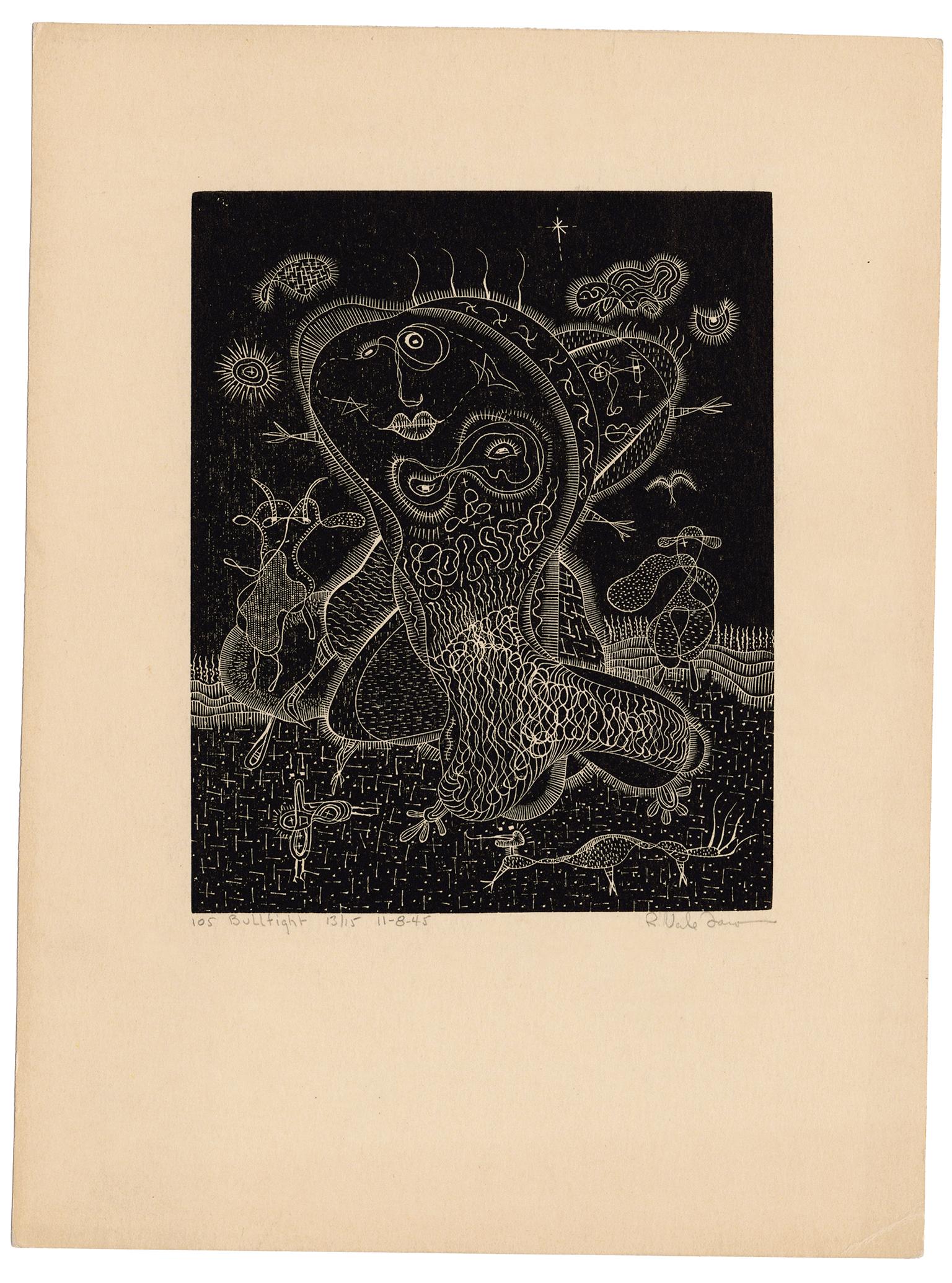 'Bullfight'— Mid-century American Surrealism - Print by Robert Vale Faro