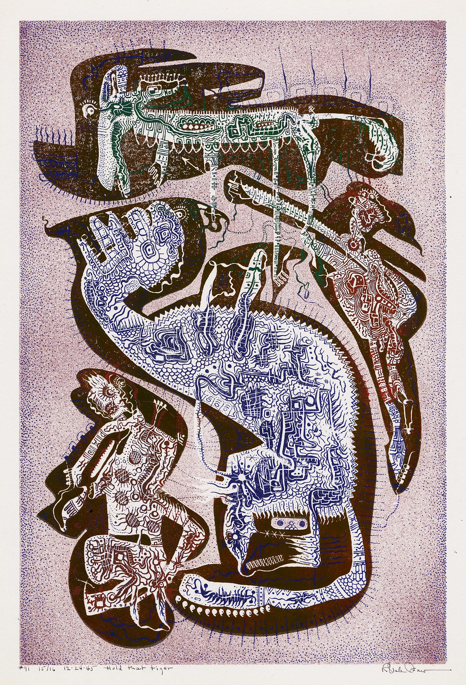 Robert Vale Faro Abstract Print – Halt den Tiger" - Amerikanischer Surrealismus der Jahrhundertmitte