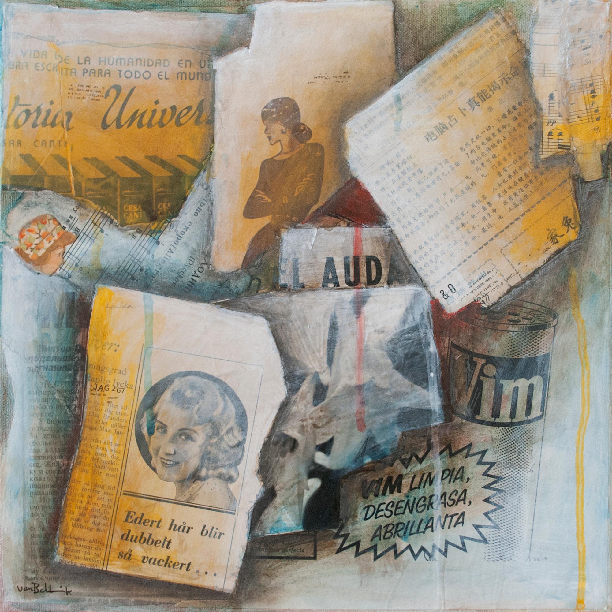 Layered mixed media composition exploring the narrative of abstract collage, showcasing the artist's signature nostalgic and faded style. This original artwork features mixed media and acrylic on canvas.

The artist uses the texture of text and
