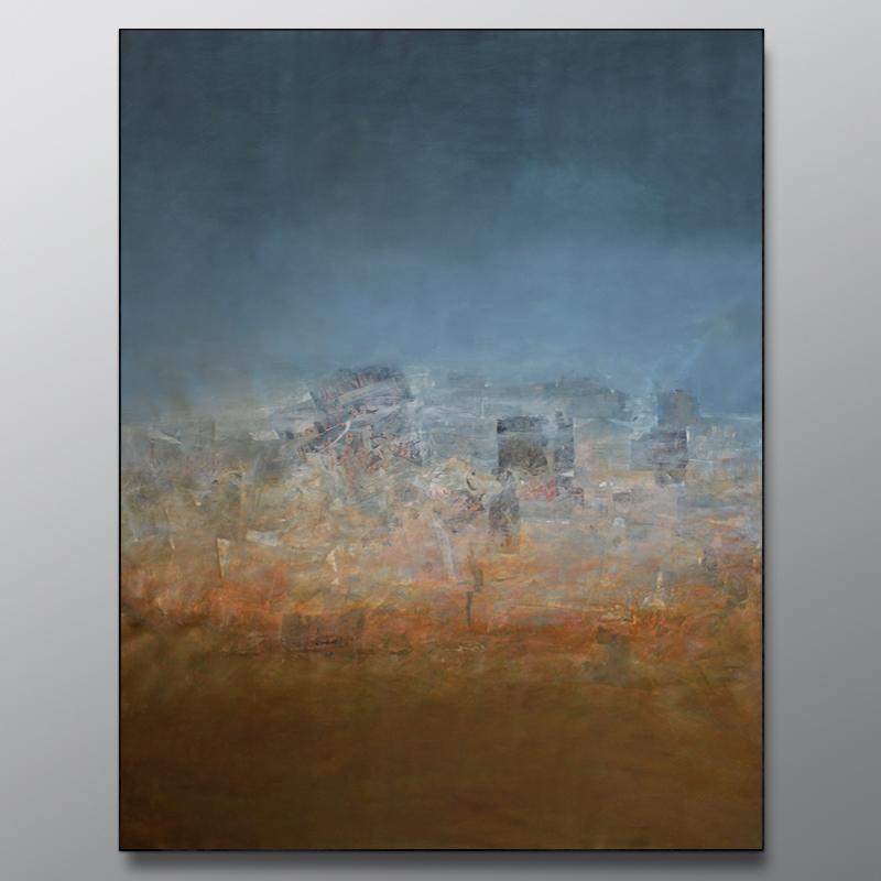 Bazaar, abstract landscape, light blue, skyline - Abstract Expressionist Mixed Media Art by Robert van Bolderick