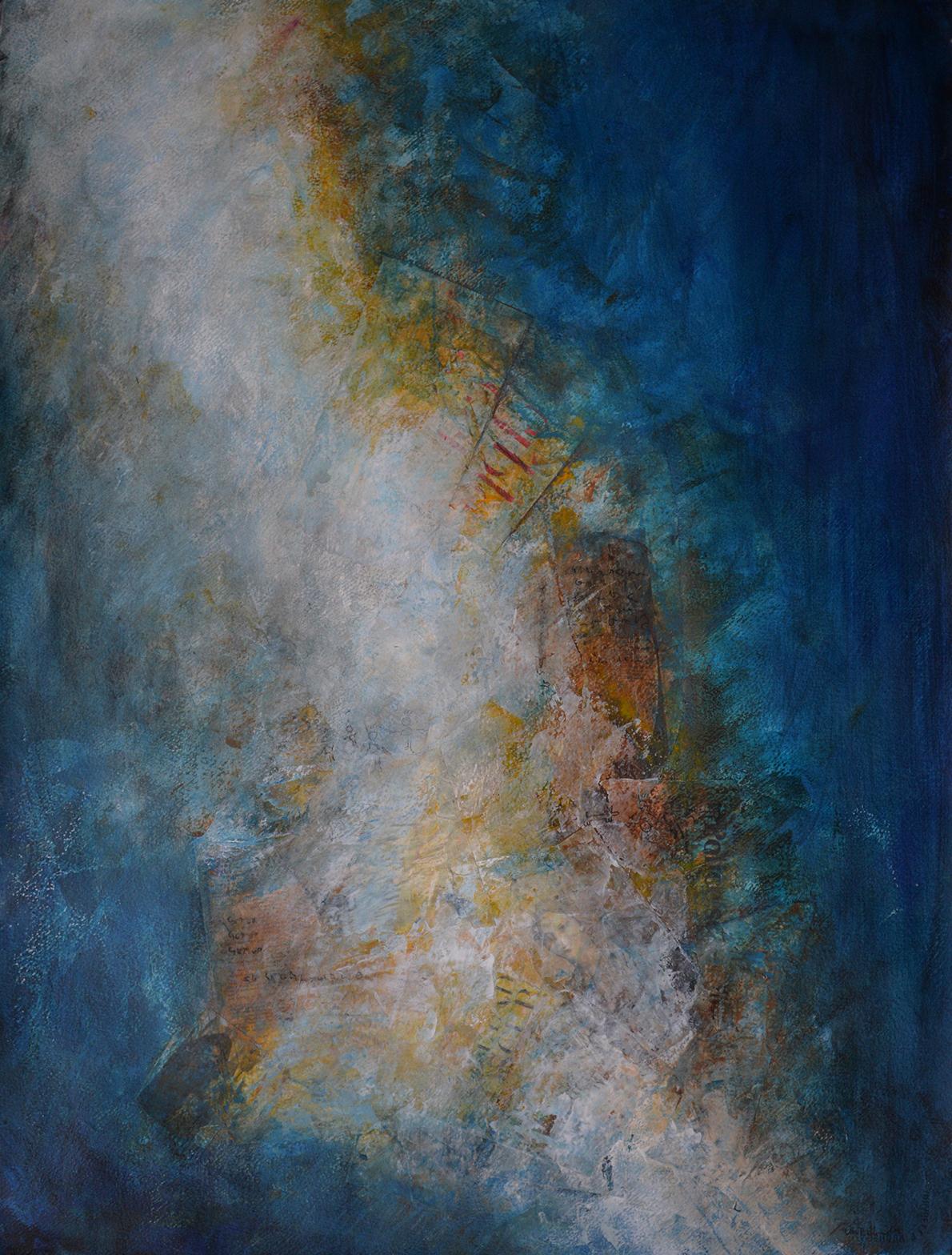 Oscure, acrylic abstract coastline, light blue, rift - Mixed Media Art by Robert van Bolderick