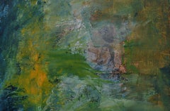 The Watchman, dark green, orange, yellow abstract painting.