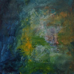The Watchman, dark green, orange, yellow abstract painting.