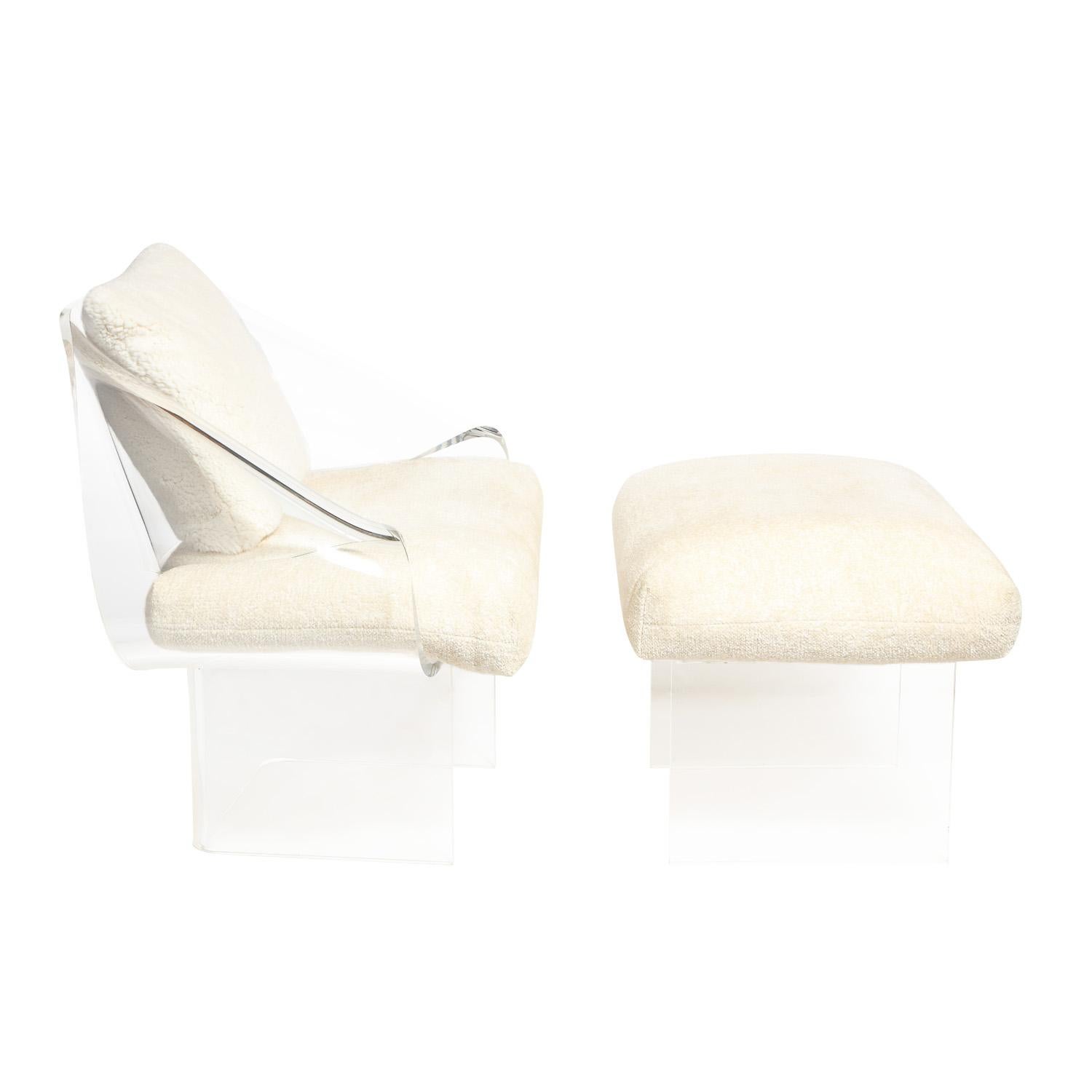 “Ribbon chair and ottoman” in thick molded lucite with seat and back cushions by Robert Van Horn, American 1970's. Seat and ottoman cushions newly upholstered in chenille and back cushion in faux sheepskin. This rare chair and ottoman are incredibly
