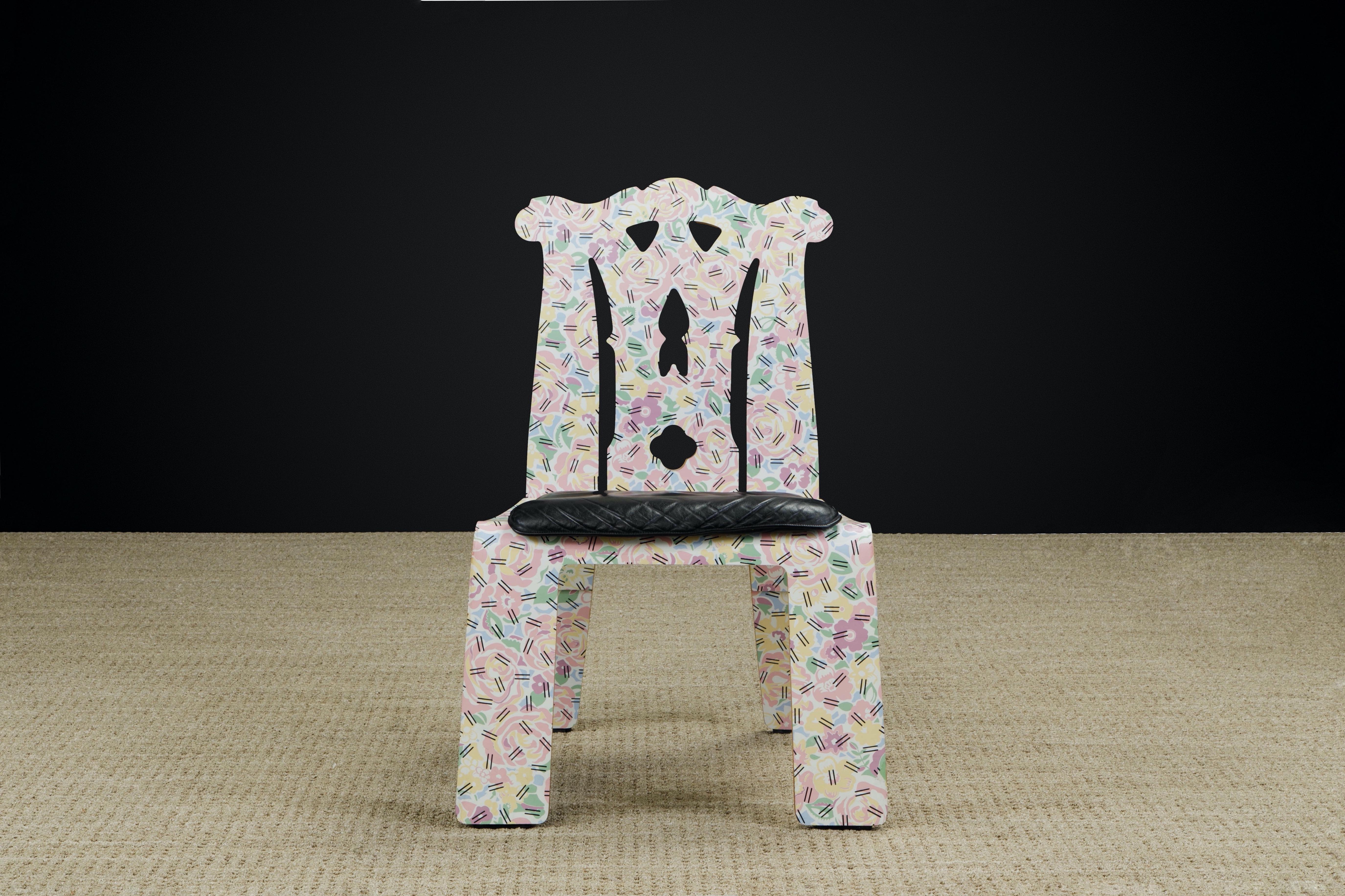 This rare and sought after collectors chair is called the 'Chippendale' chair in the 'Grandmother' fabric pattern by Robert Venturi and Denise Scott Brown for Knoll International, circa 1985. 

This design was part of the 'Venturi Collection' for