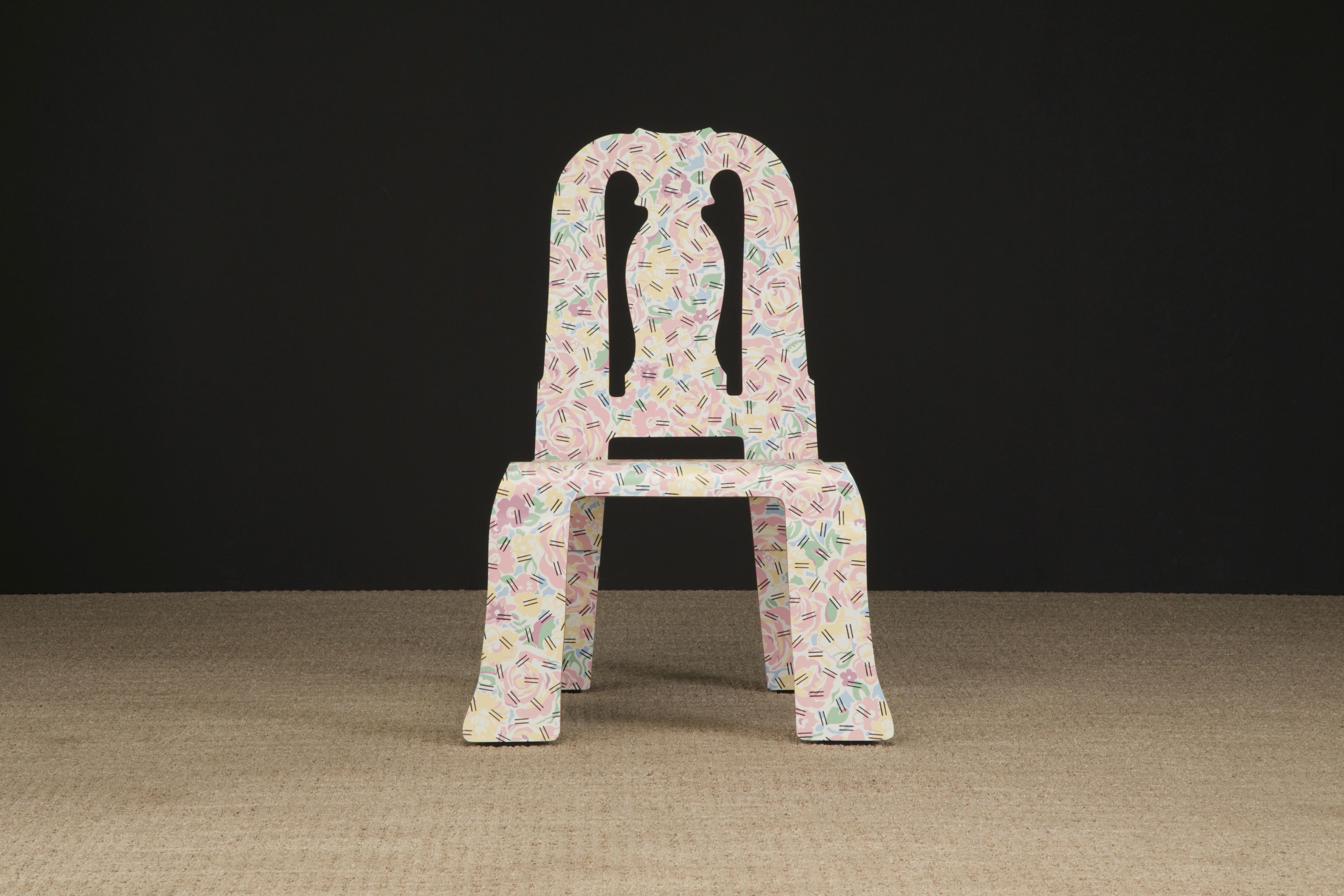This rare and sought after collectors chair is called the 'Queen Anne' chair in the 'Grandmother Fabric' pattern by Robert Venturi and Denise Scott Brown for Knoll International, circa 1985. Post-Modern functional art ready to be used as a