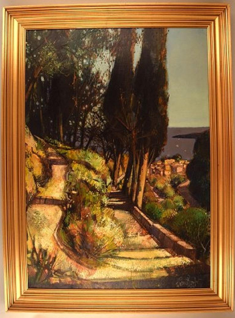 Robert Vernet-Bonfort (b. 1934), French artist. Oil on canvas. Cypresses in Beaulieu sur mer, the French Riviera, 1980s.
The canvas measures: 91 x 63 cm.
The frame measures: 7 cm.
Signed.
In very good condition.