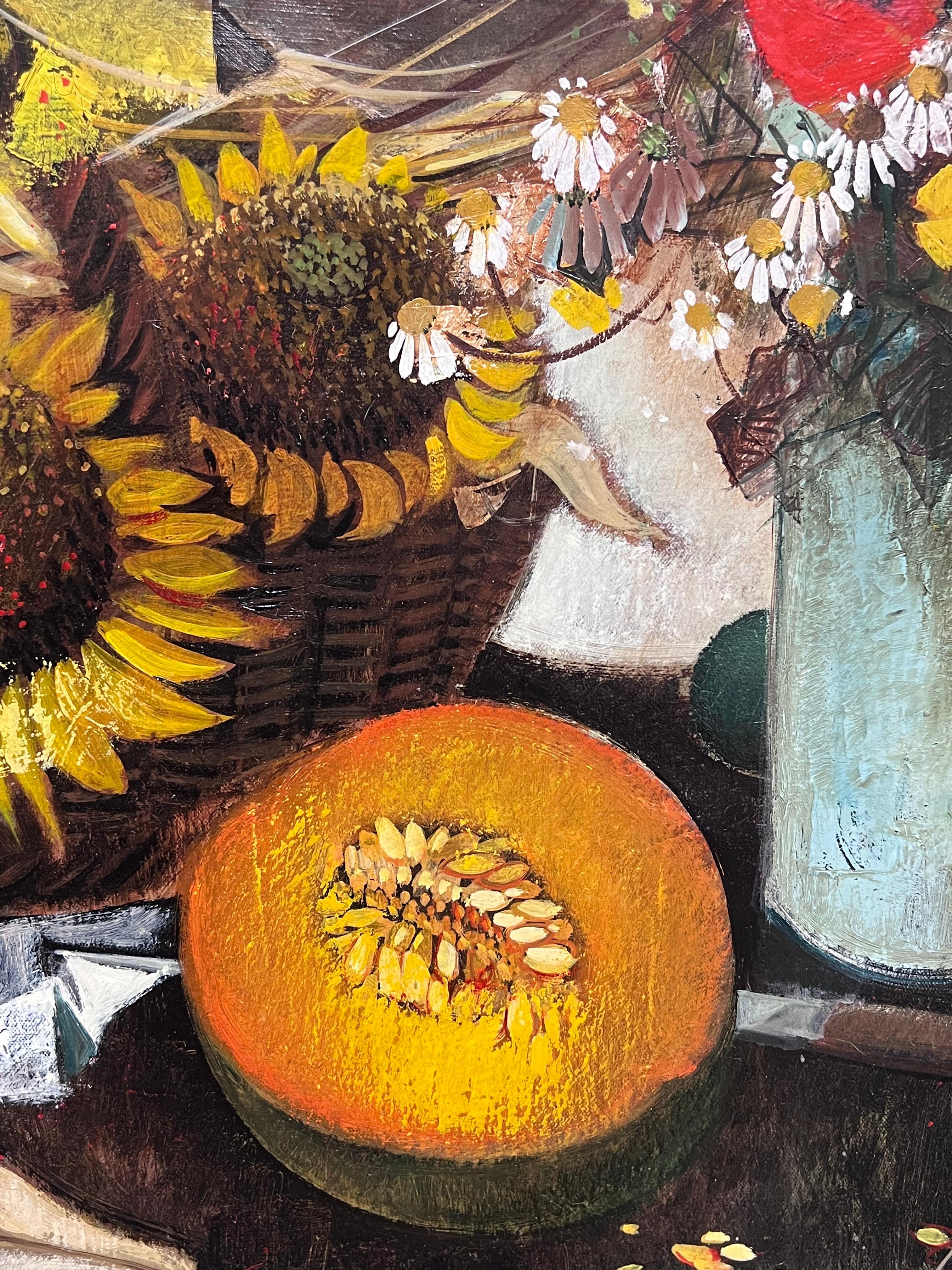 Large French Modernist Signed Oil Painting Harvest Fruits & Flowers in Provence For Sale 7