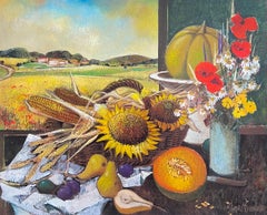 Large French Modernist Signed Oil Painting Harvest Fruits & Flowers in Provence