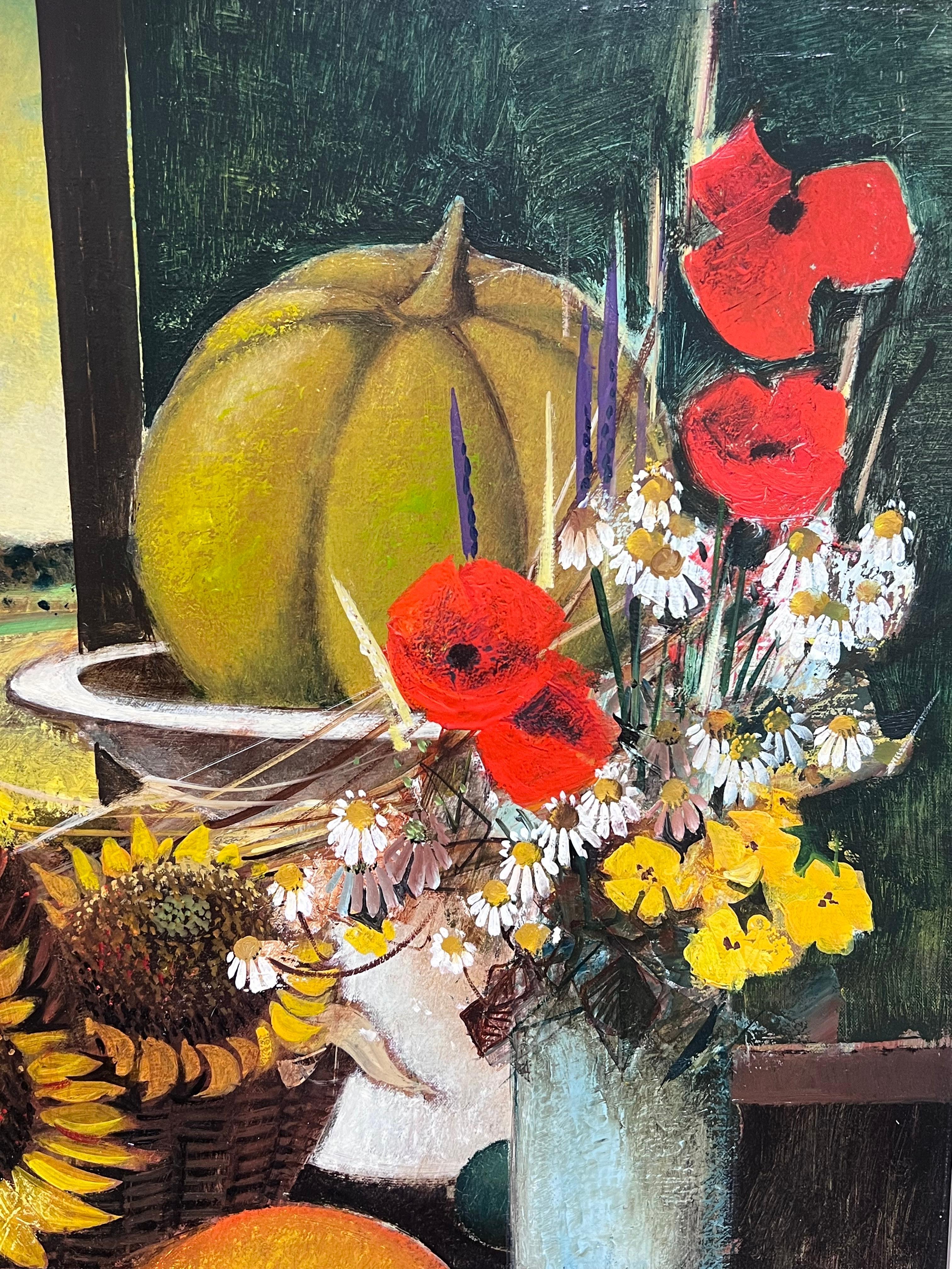 Large French Modernist Signed Oil Painting Harvest Fruits & Flowers in Provence For Sale 1