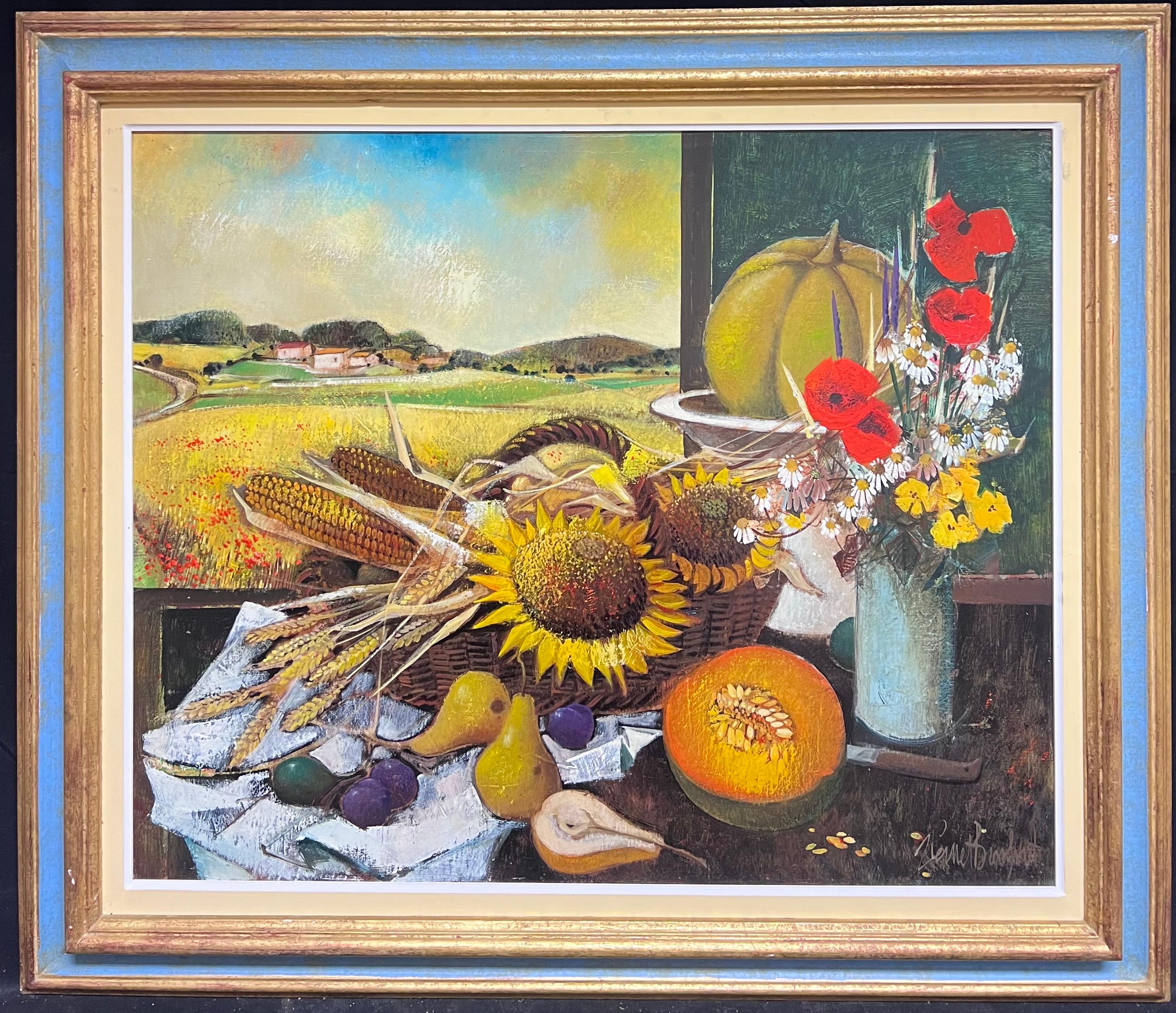Robert Vernet-Bonfort Still-Life Painting - Large French Modernist Signed Oil Painting Harvest Fruits & Flowers in Provence