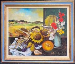 Großes signiertes Ölgemälde der französischen Moderne, Ölgemälde der Ernte, Obst und Blumen in der Provence