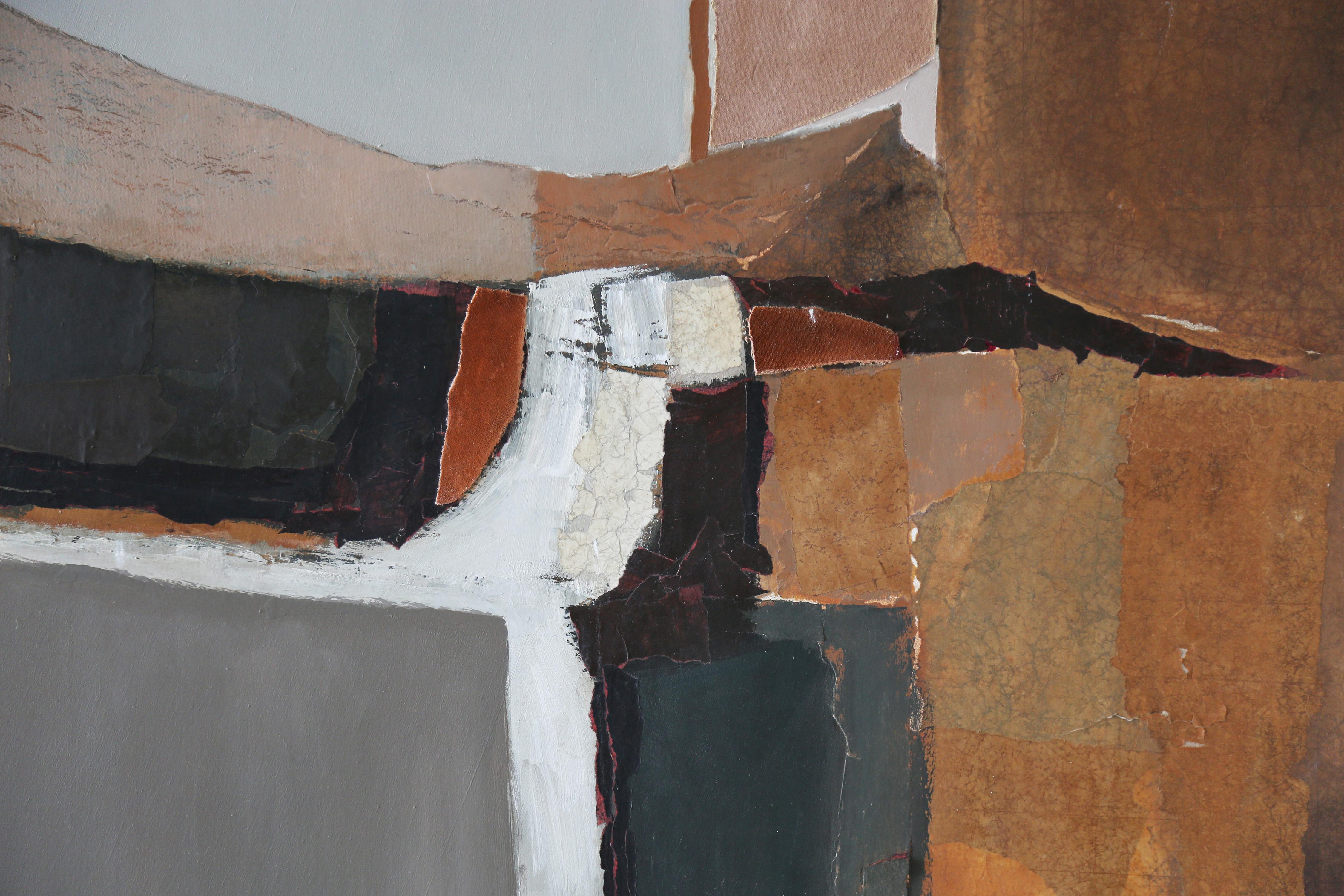 A large modernist abstract by Hampton Roads artist Robert Vick, circa 1970s. Titled “Tuscan (ineligible)”., featuring a collage and acrylic paint on canvas. A modern landscape with cool blues and grays accented by warm golds, terracotta and peach