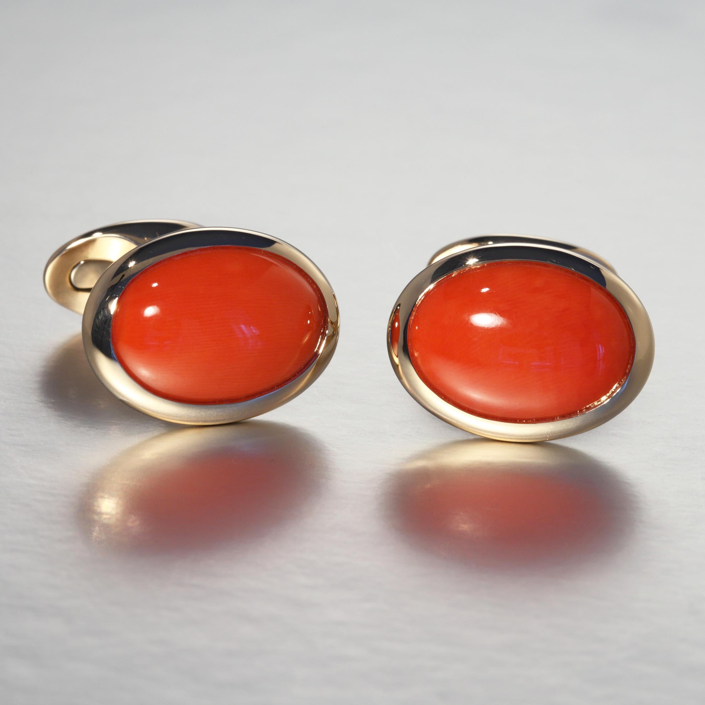 Contemporary Robert Vogelsang 18.81 Carat Oval Red Coral 18 Karat Rose Gold Cufflinks For Sale